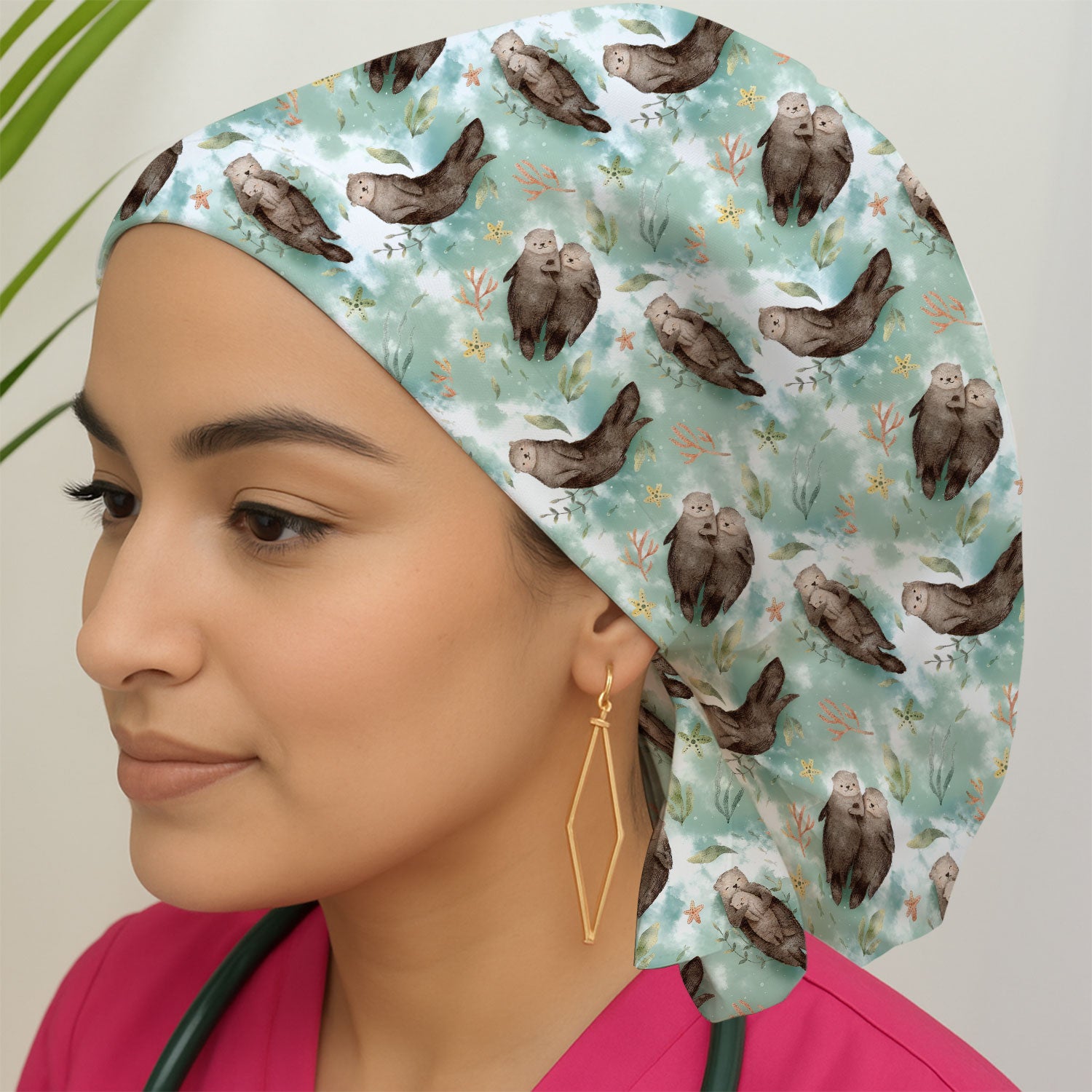 Cute Sea Otter Watercolor Print Scrub Cap, Breathable Fabrics Caps Uniform