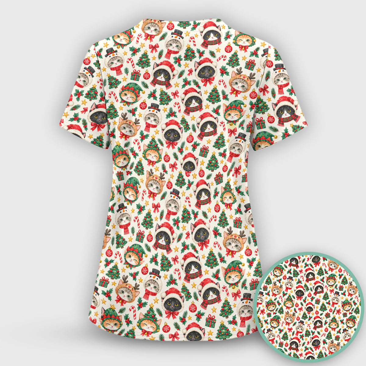 Christmas Cats And Trees Pattern Scrub Set, Scrub Pants and V Neck Top