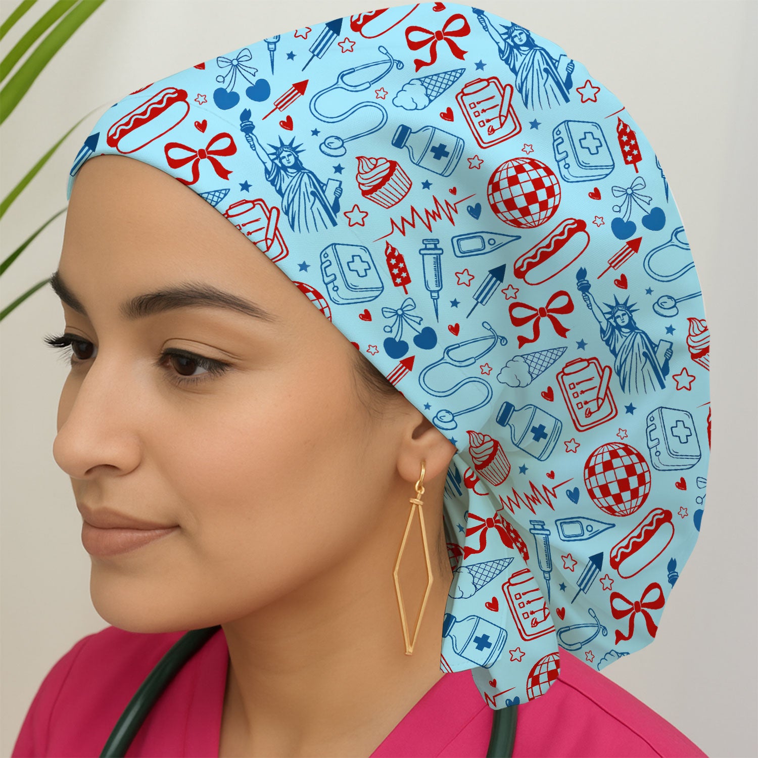 Patriotic Nurse Medical Icons Pattern Print Cap, Bouffant Scrub Caps for Women