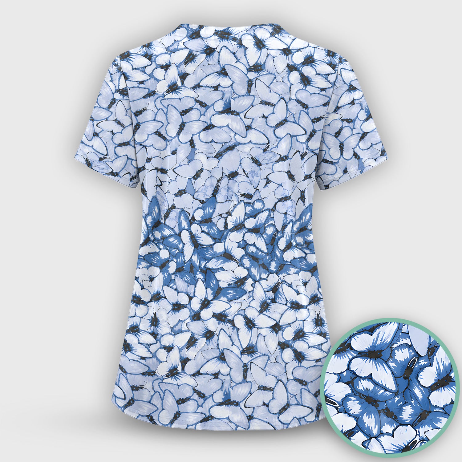 Blue Butterfly Floral Pattern Scrub Set, Scrub Pants and V Neck Top