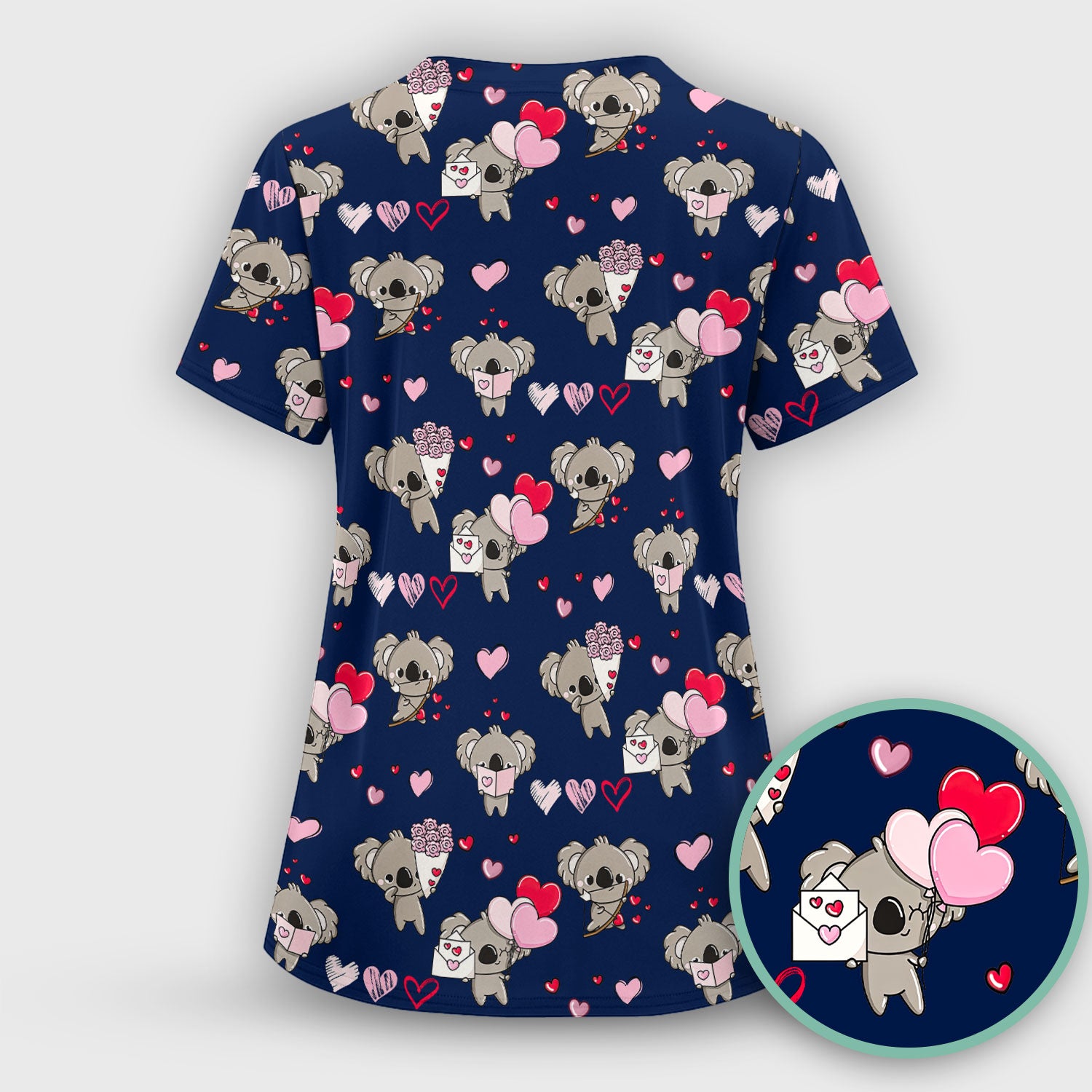 Valentine Koala Holding Flowers Cute Print Scrub Top, Comfortable Scrubs for Nurses