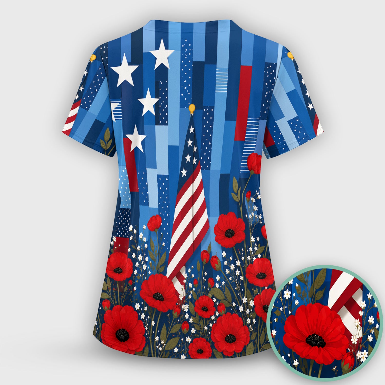Patriotic Nurse Flag Poppy Pattern Scrub Set, Scrub Pants and V Neck Top