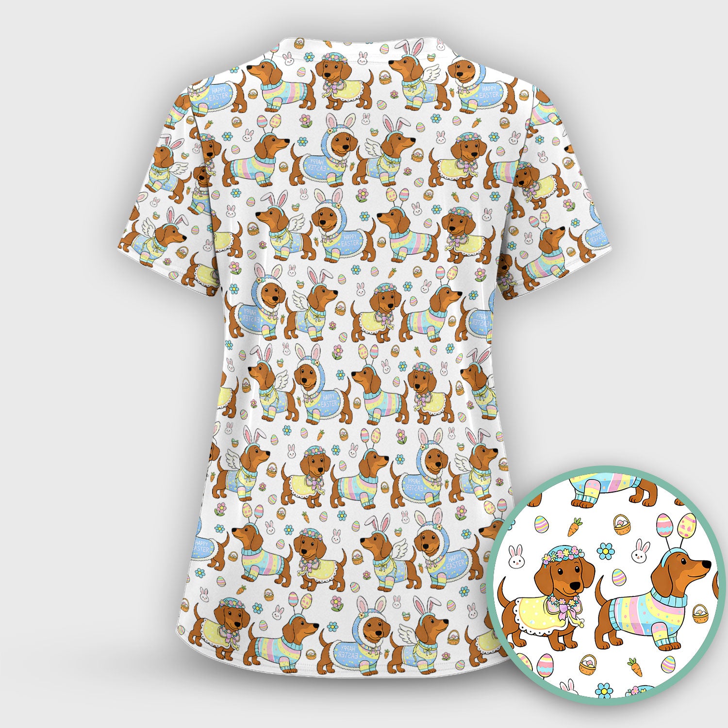 Easter Dachshund Bunny Print Scrub Top, Breathable Fabrics Nursing Uniform