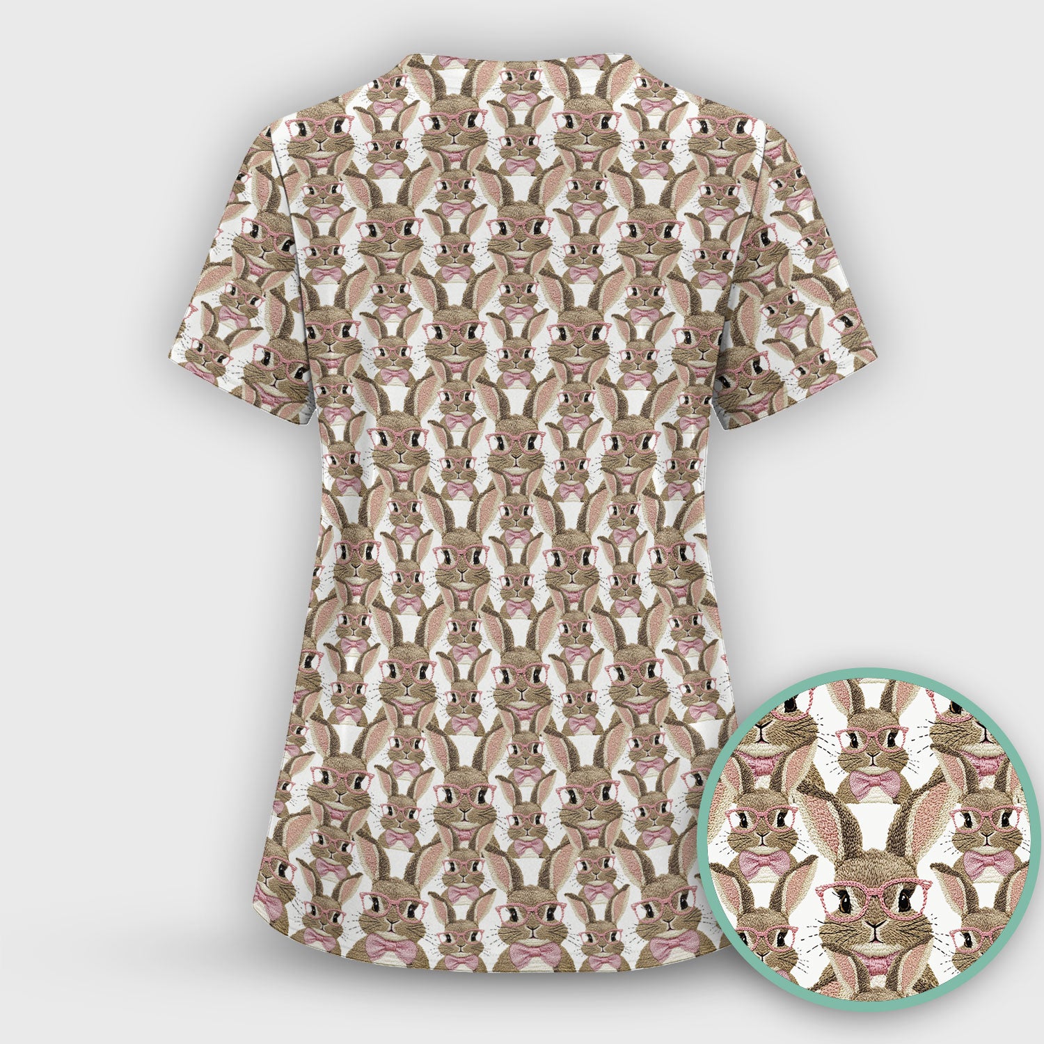 Cute Bunny With Glasses Pattern Scrub Top, Breathable Fabrics Nursing Uniform, Easter