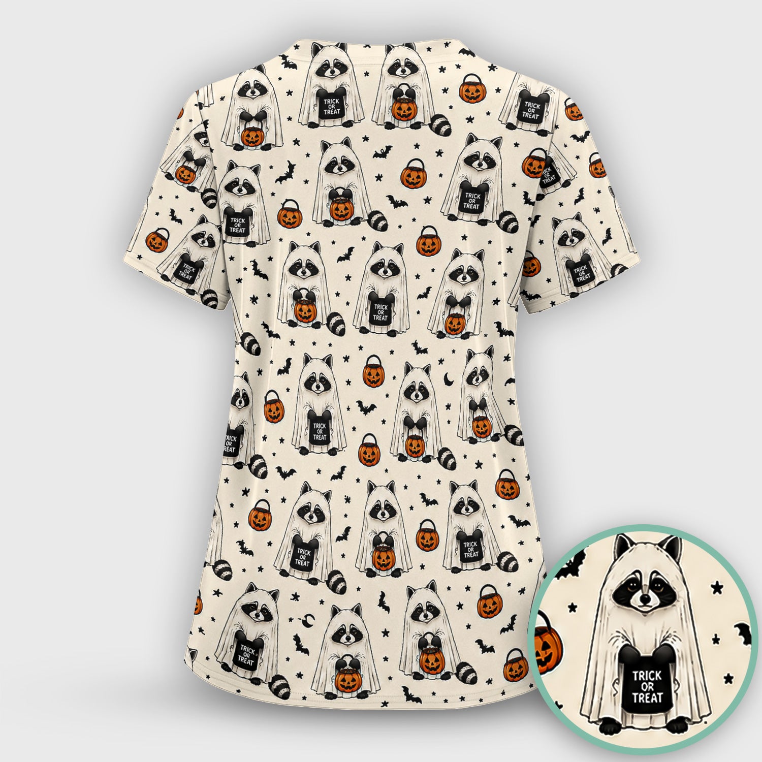Cute Halloween Ghost Raccoon Scrub Top, Comfortable Scrubs for Nurses