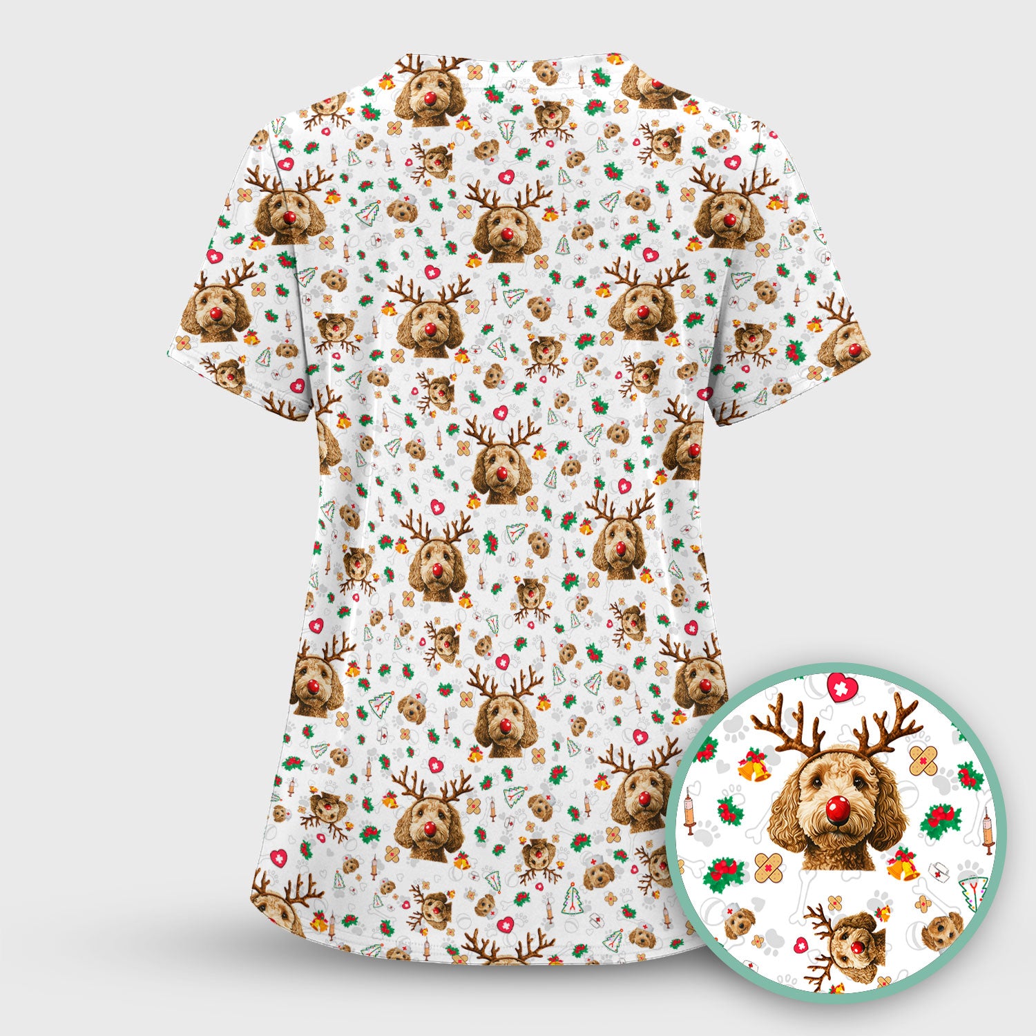 Christmas Labradoodle Scrub Top - Funny Reindeer Dog Nurse Shirt - Cute Holiday Medical Uniform for Women Healthcare Gift