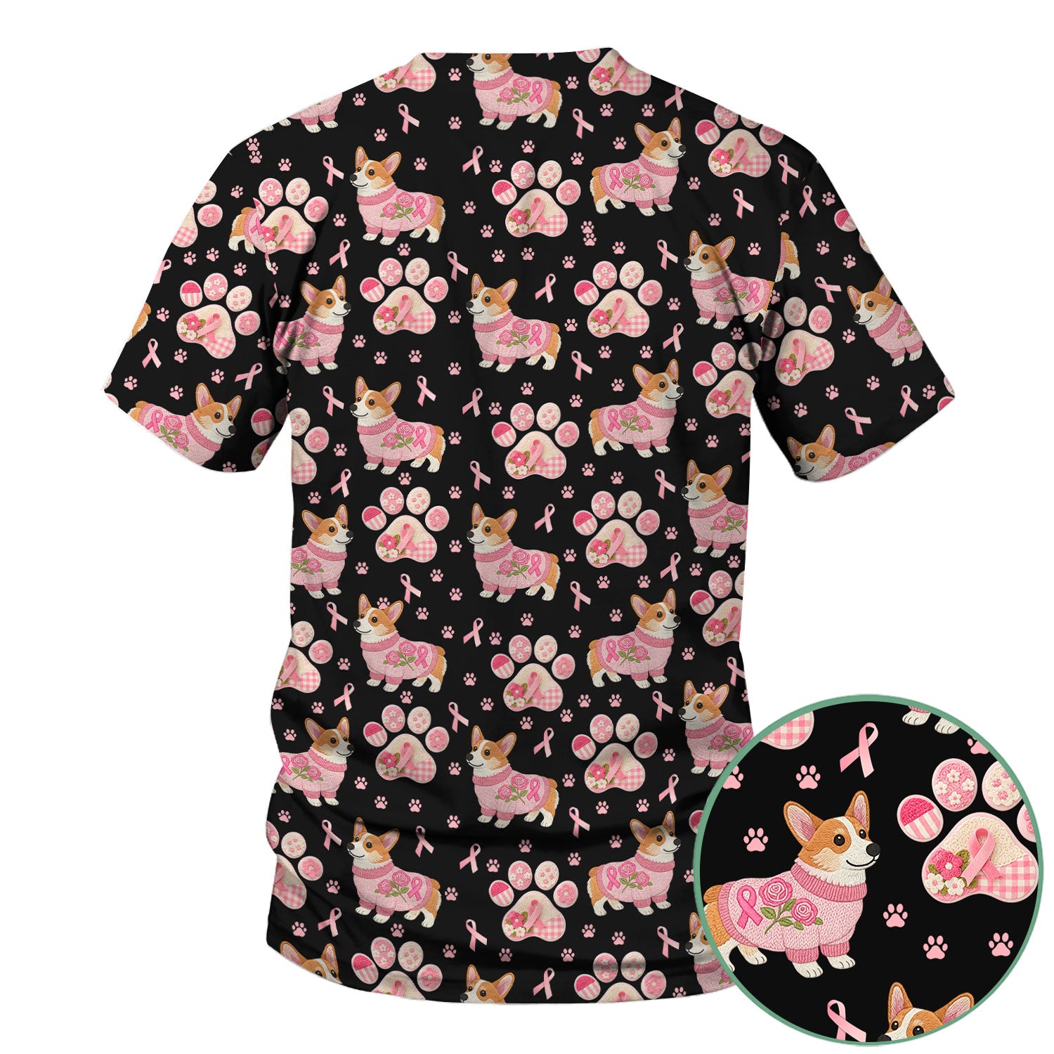 Corgi Pink Ribbon Scrub for Women - Breast Cancer Awareness Shirt - Floral Dog Paw Print Nursing Uniform - Support Gift
