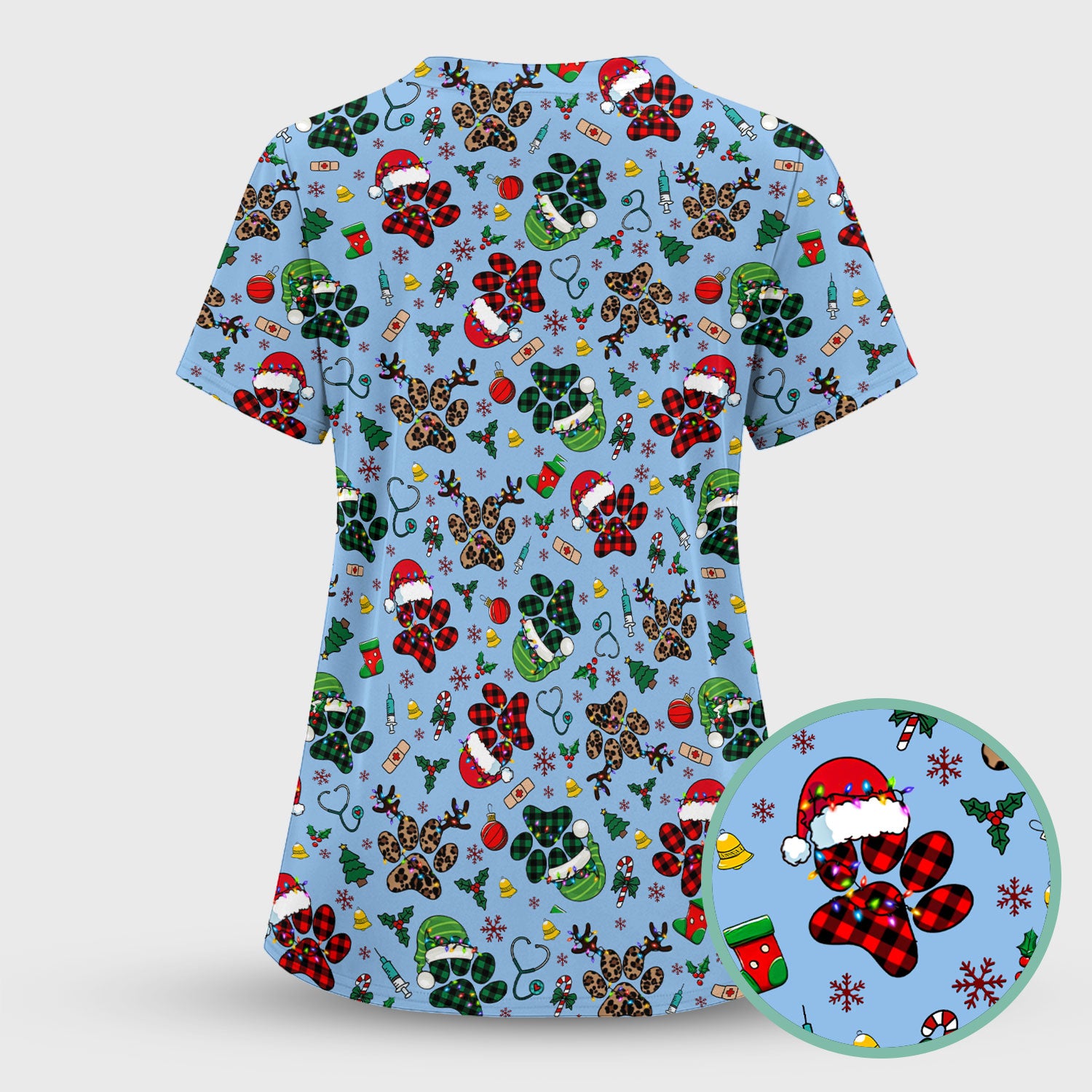 Christmas Paw Print Scrub Top for Nurses - Cute Leopard Holiday Pattern - Funny Festive Medical Uniform Gift