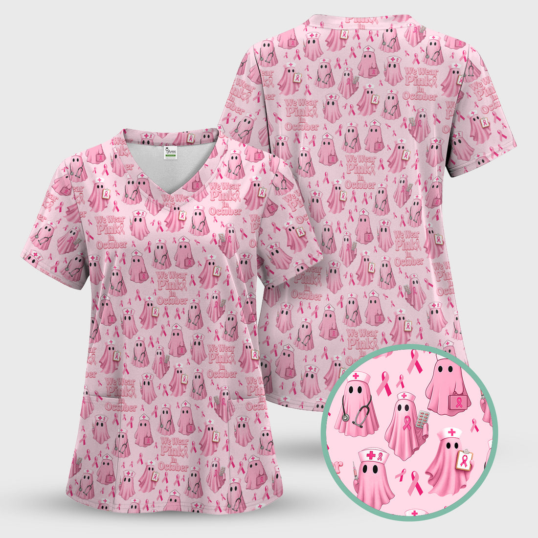 Funny Breast Cancer Awareness Scrub Top - We Wear Pink In October & Ghost Nurse Design - Gift for RN LPN CNA