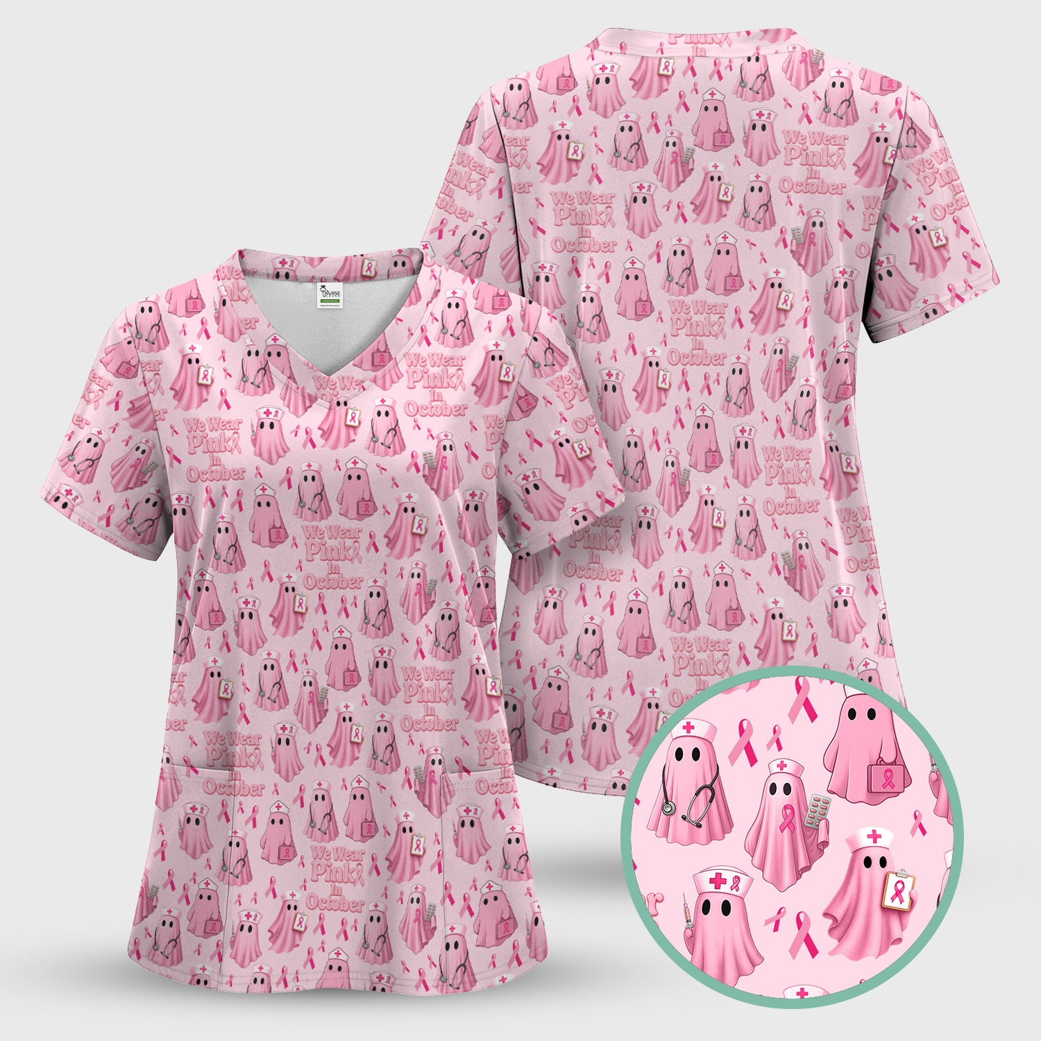 Funny Breast Cancer Awareness Scrub Top - We Wear Pink In October & Ghost Nurse Design - Gift for RN LPN CNA