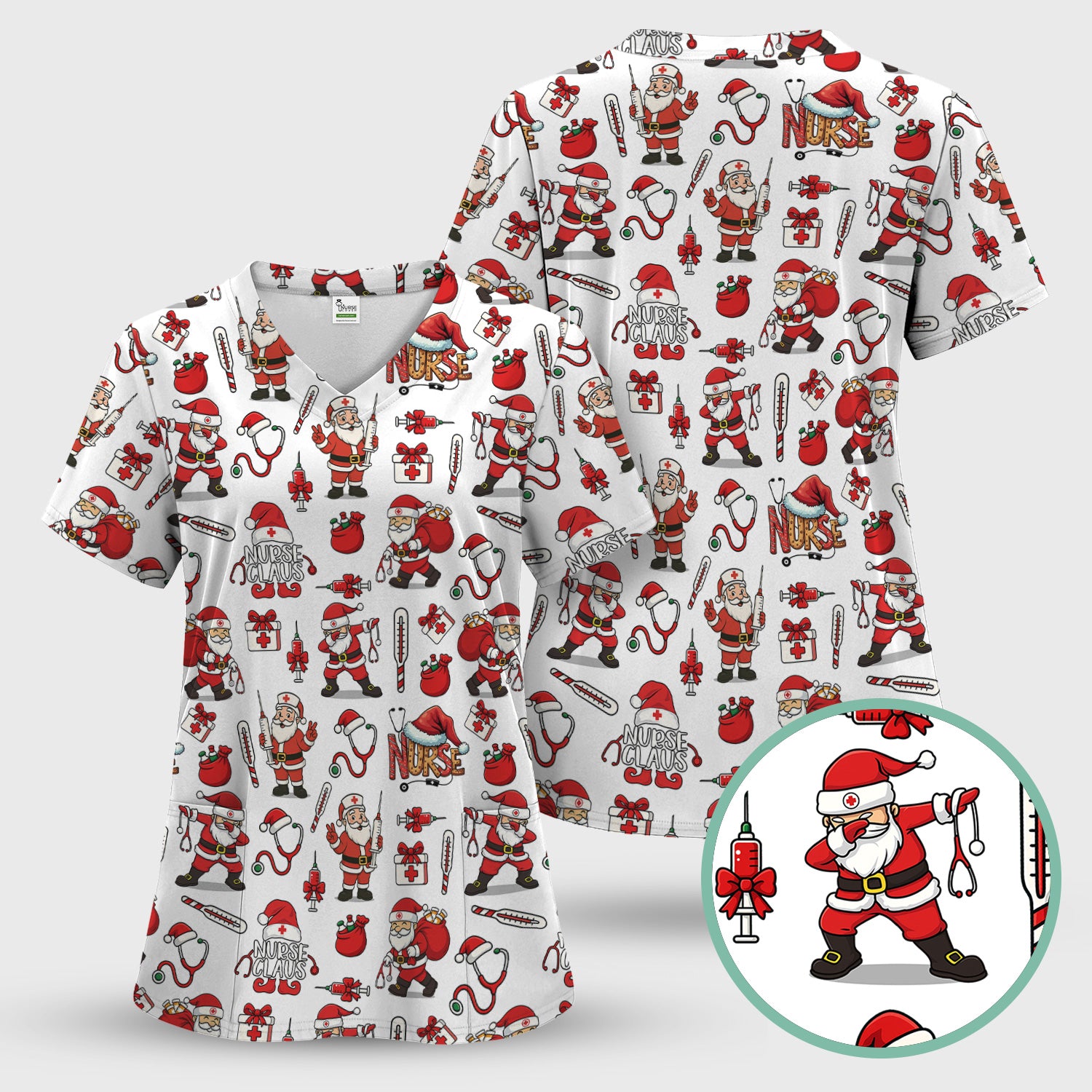 Nurse Claus Christmas Scrub Shirt - Cute Santa Nurse Scrub Top Multi Color - Funny Holiday Nursing Scrub Shirt with Pockets
