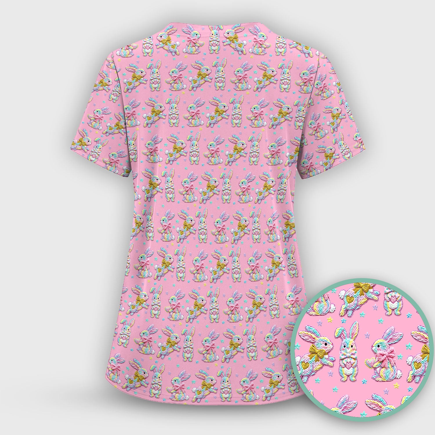 Cartoon Bunny All Over Print Scrub Top, Comfortable Scrubs for Nurses, Easter