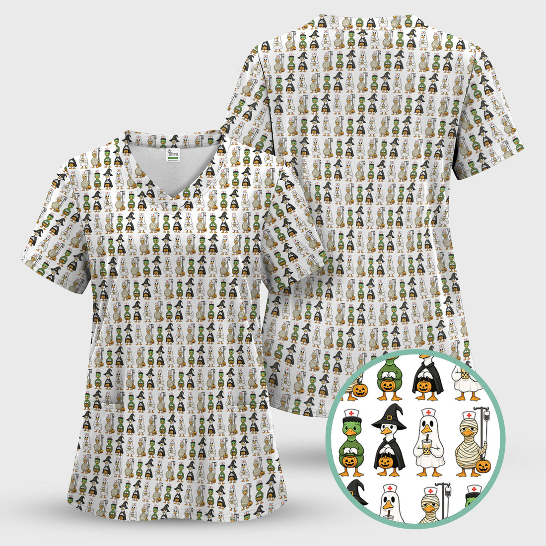 Funny Nurse Halloween Scrub Top - Cute Duck in Halloween Costumes Pattern Design - Gift for Women RN LPN CNA