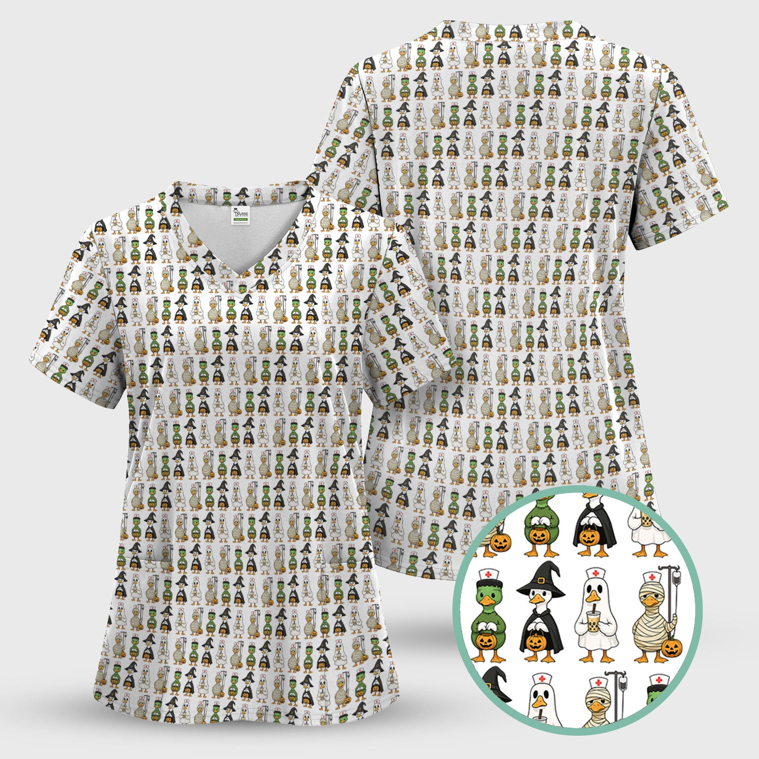 Funny Nurse Halloween T-Shirt - Cute Duck in Halloween Costumes Pattern Design - Gift for Women RN LPN & Healthcare Workers