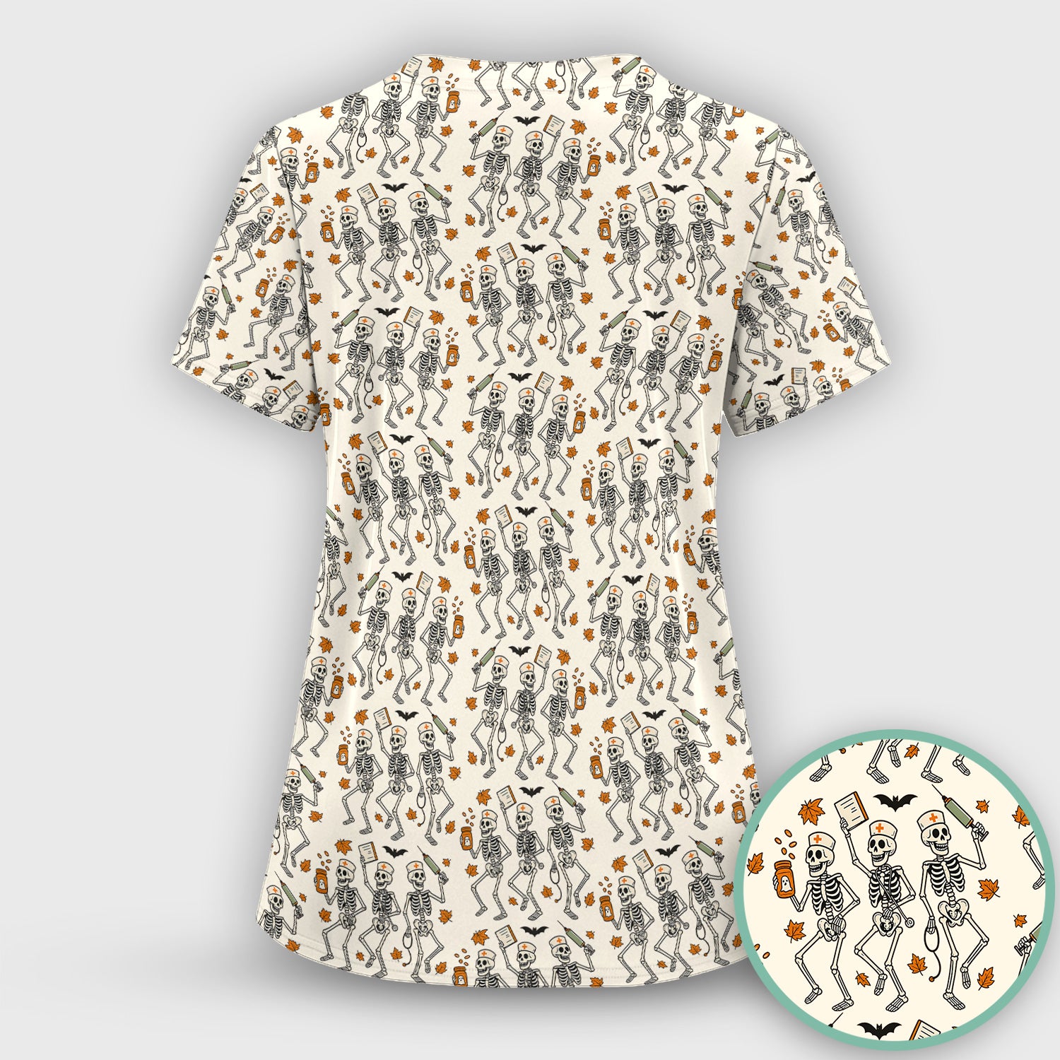 Funny Halloween Skeleton Pattern Scrub Top, Comfortable Scrubs for Nurses