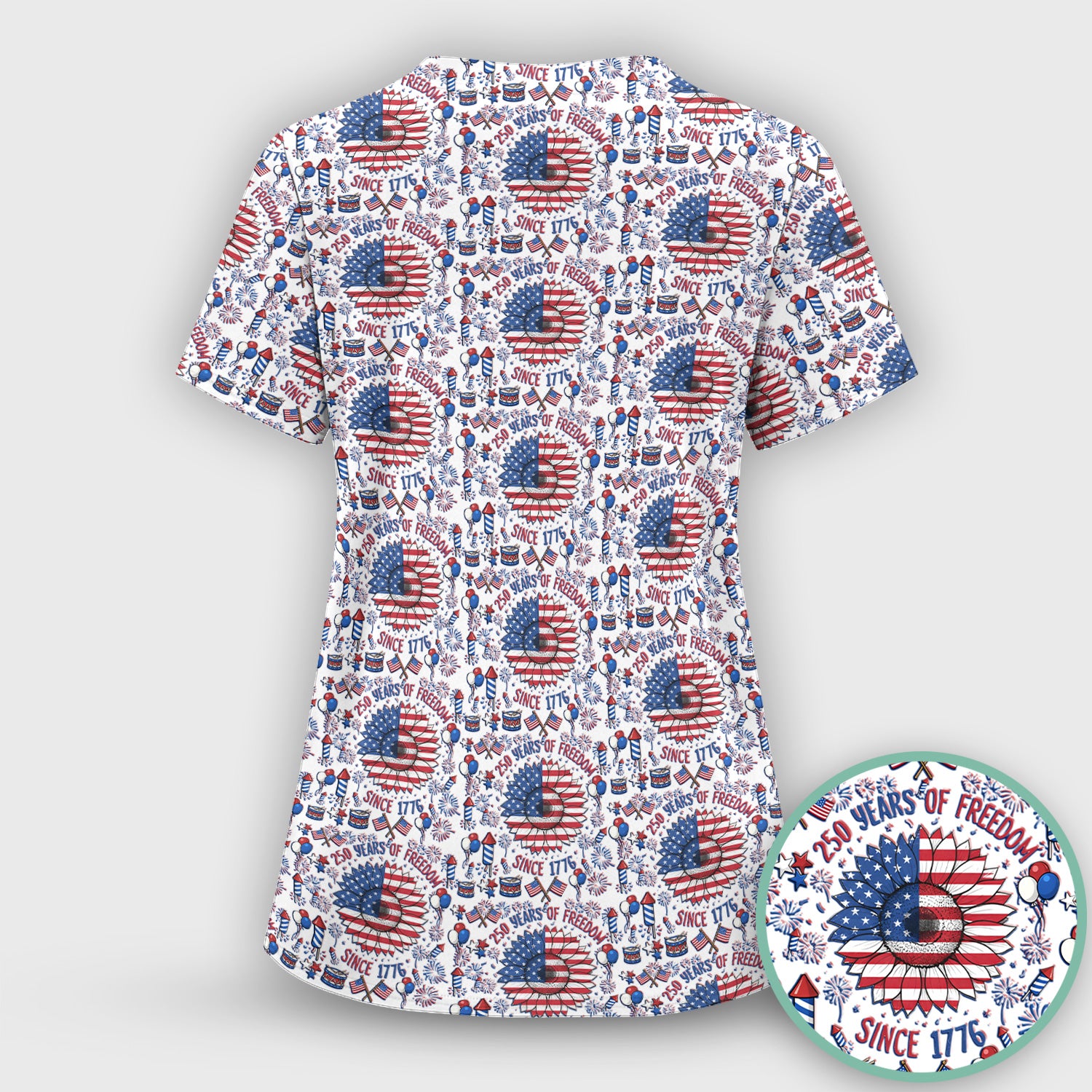 Festive Patriotic Sunflower American Flag Fireworks Pattern Scrub Set, Breathable Med Uniform