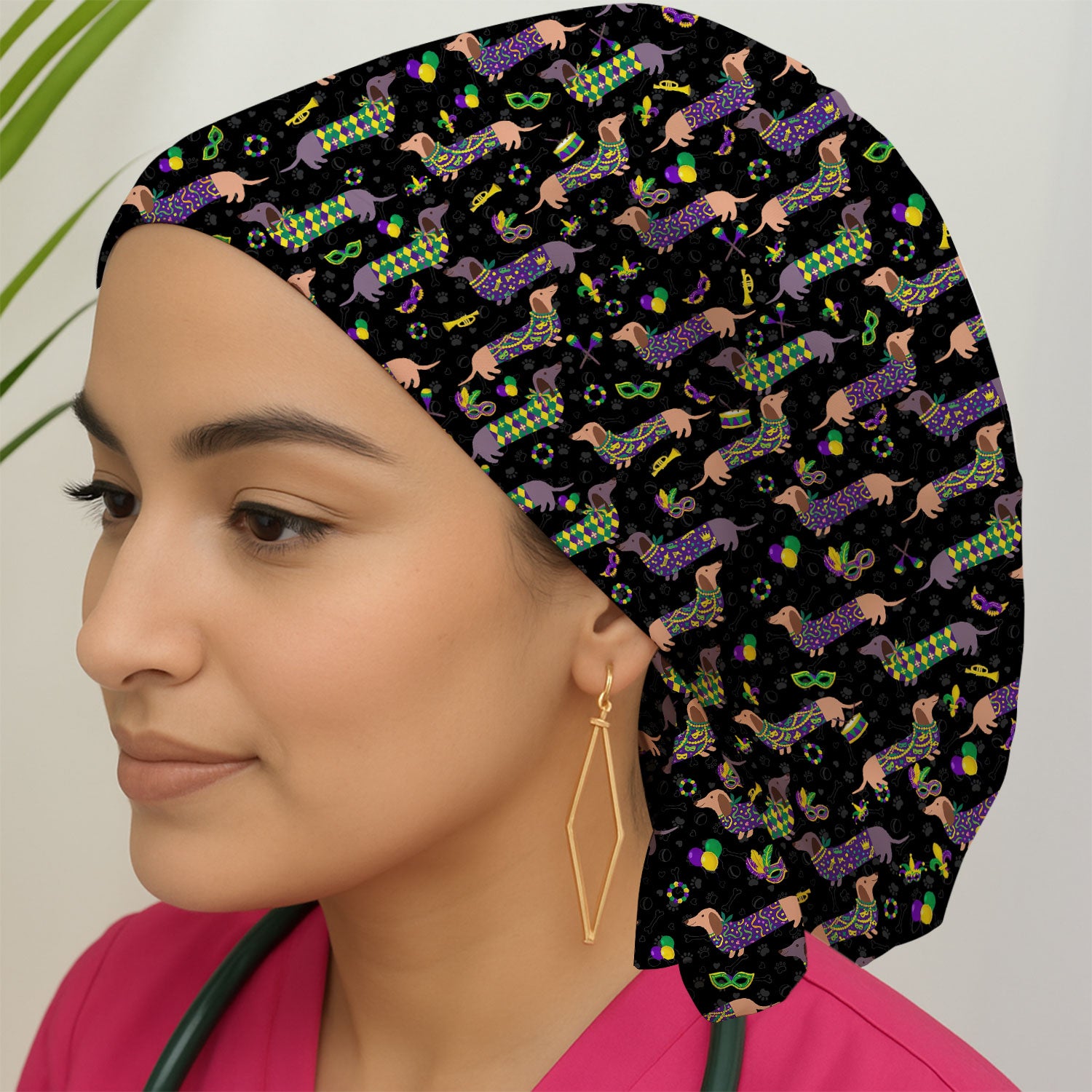 Mardi Gras Dachshund Nurse Scrub Cap, Wiener Dog Holiday Pattern Nurses Hat, Comfortable Uniform Scrubs For Nursing
