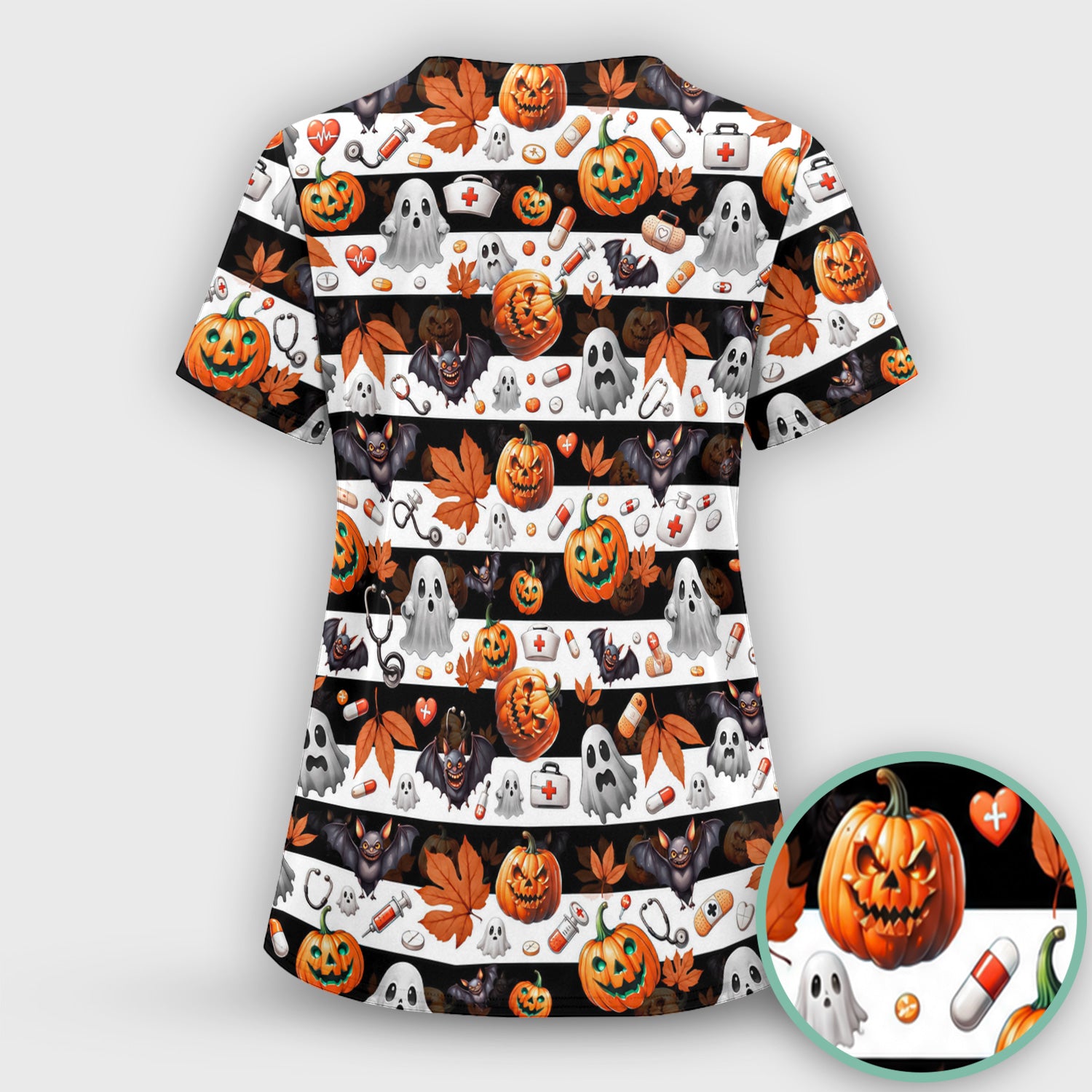Halloween Ghost And Medical Icons Scrub Set, Scrub Pants and V Neck Top