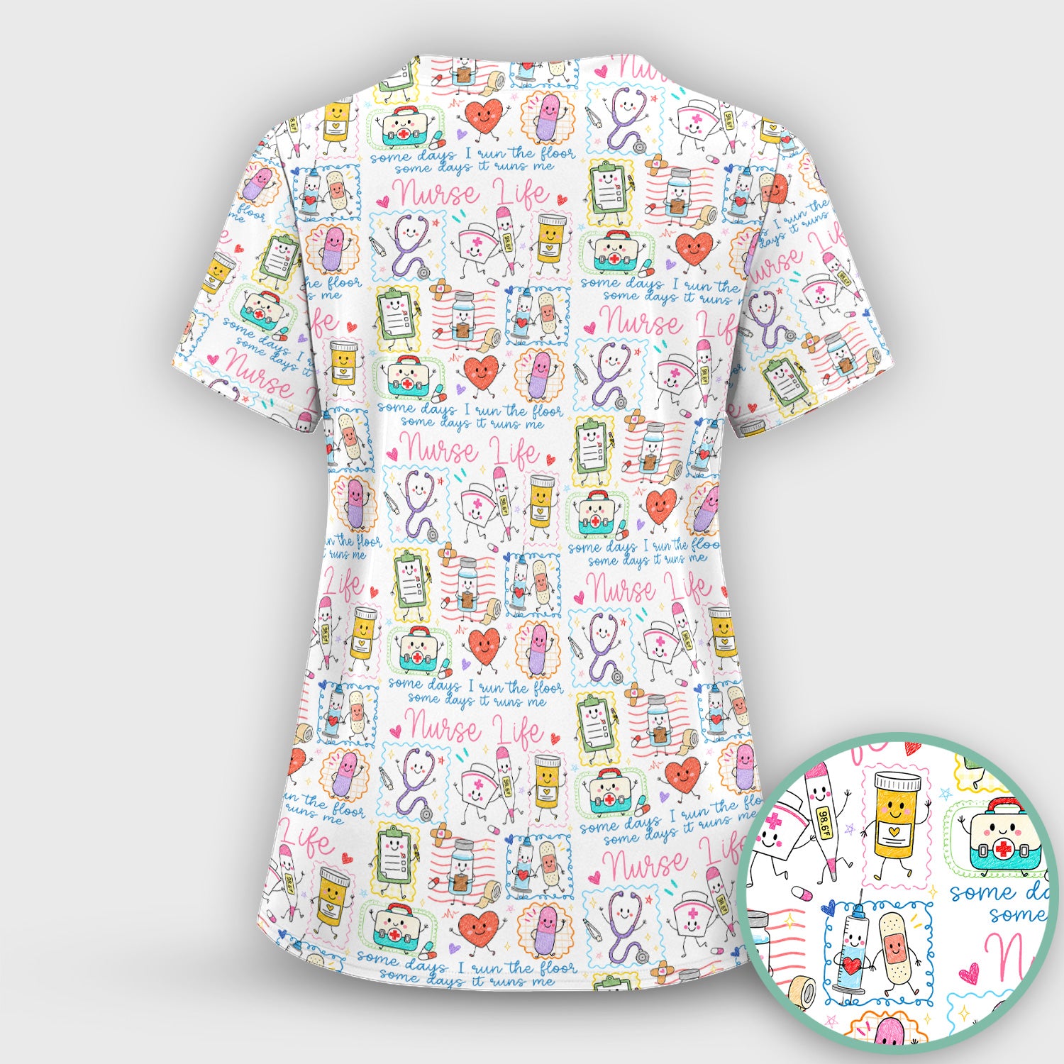 Cute Nurse Life Doodle Pediatric Nurse Scrub Set, Scrub Pants and V Neck Top