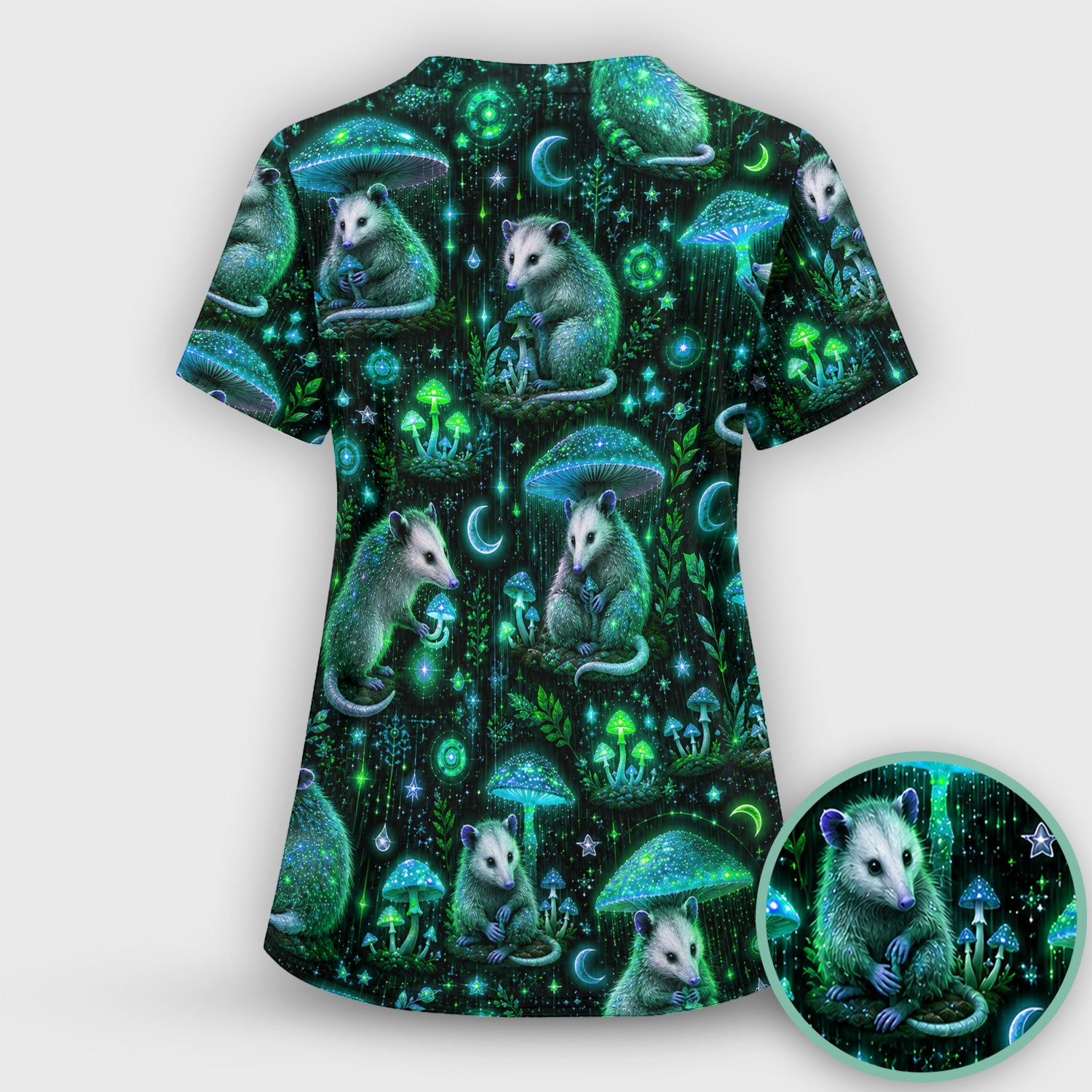 Moonlit Opossum Mushroom Pattern Scrub Set, Scrub Pants and V Neck Top