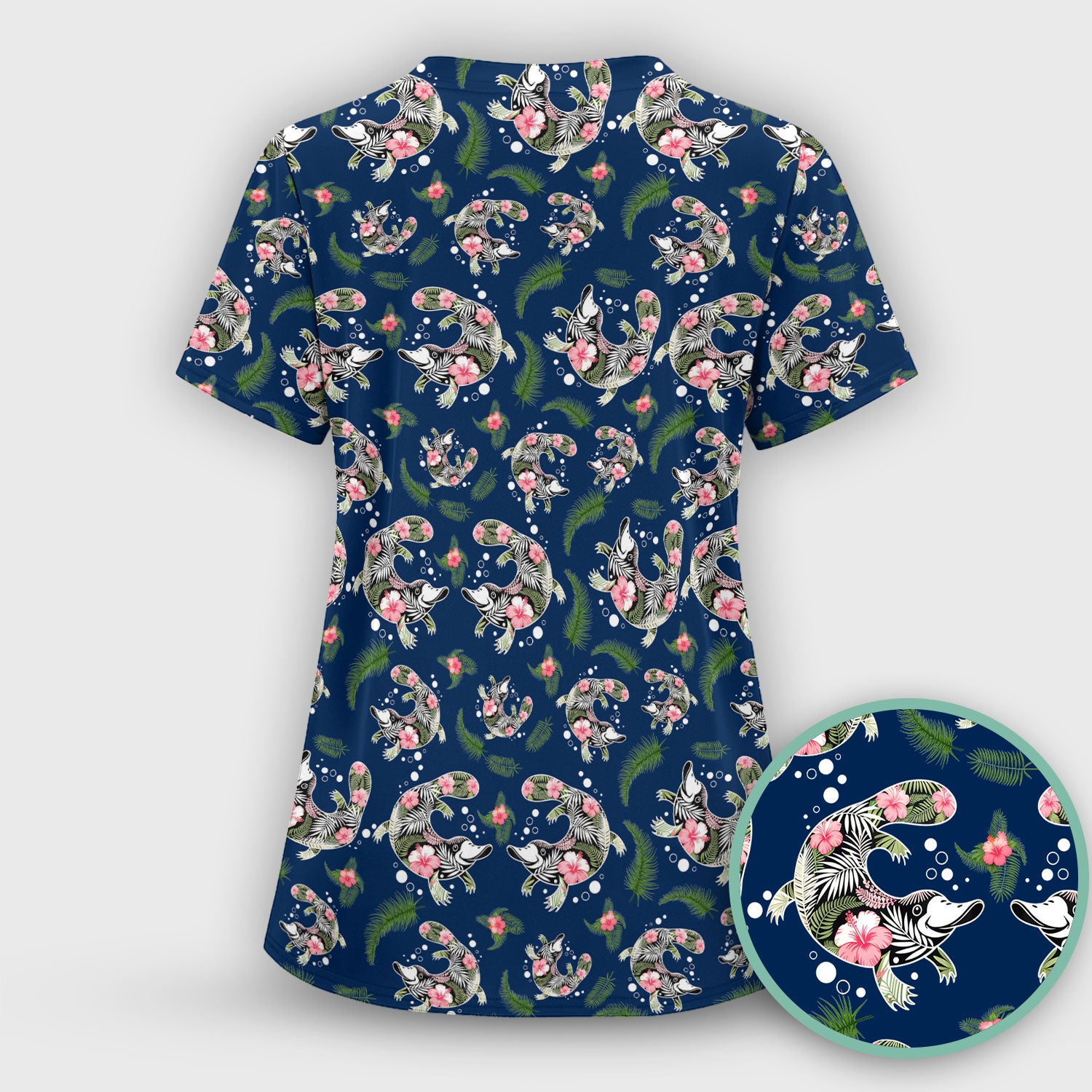 Cute Platypus Scrub Set, Tropical Floral Animal Pattern Nurse Shirt, Breathable Fabrics Nursing Uniform