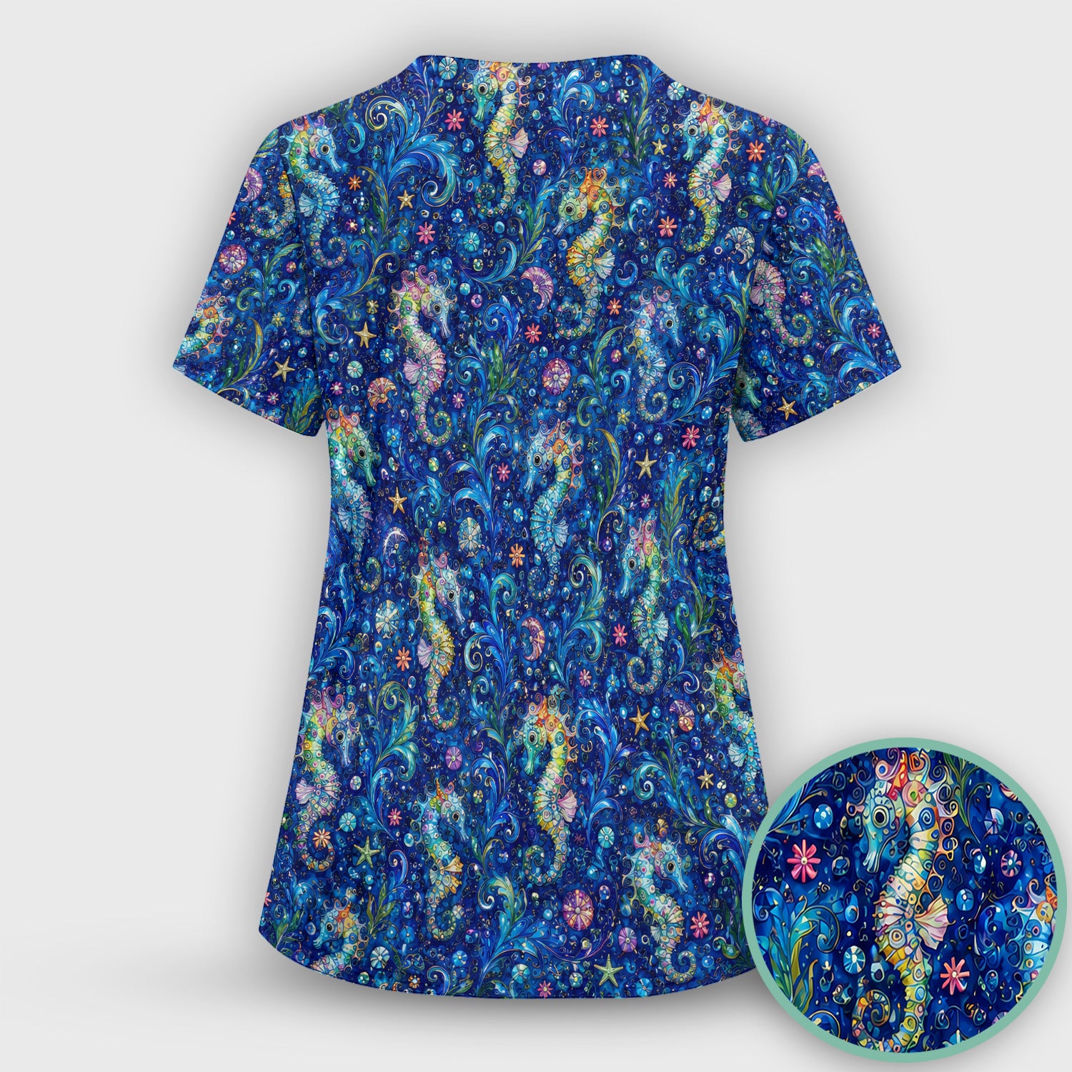 Vibrant Seahorse Ocean Swirl Pattern Scrub Top, Comfortable Scrubs for Nurses