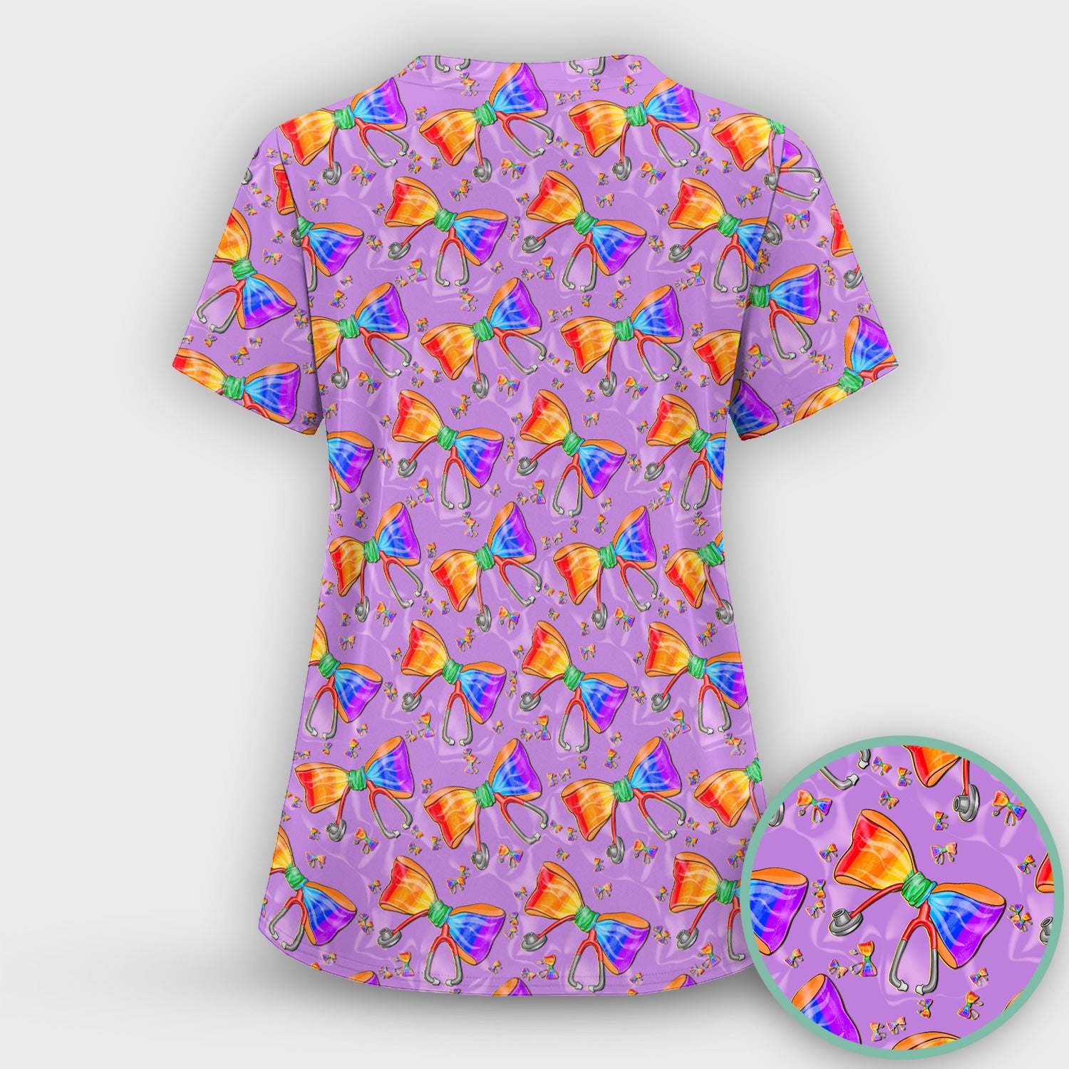 Colorful Rainbow Bow Stethoscope Pattern Scrub Top, Breathable Fabrics Nursing Uniform