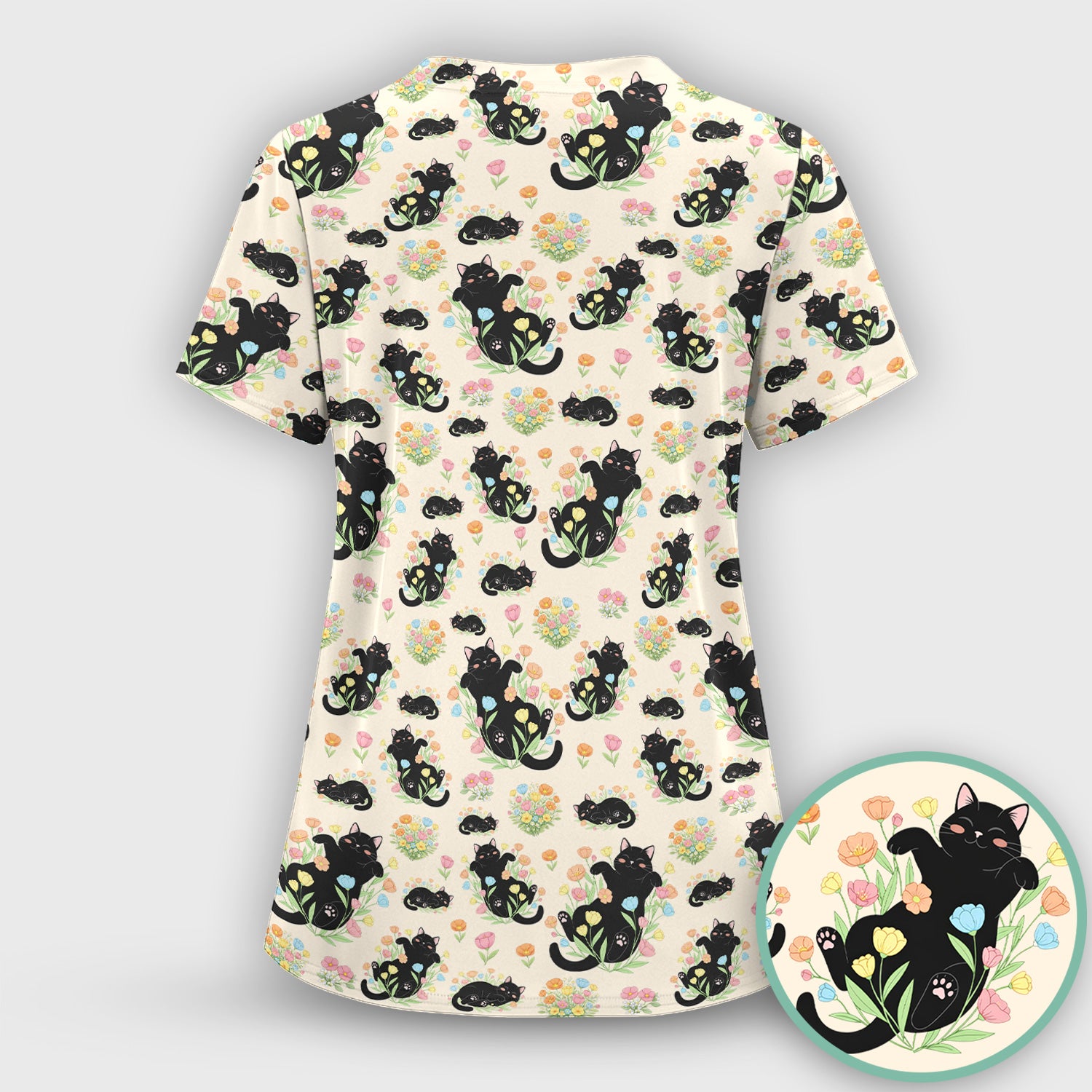 Cats With Cute Poses Floral Pattern Scrubs Top, Comfortable Scrubs for Nurses