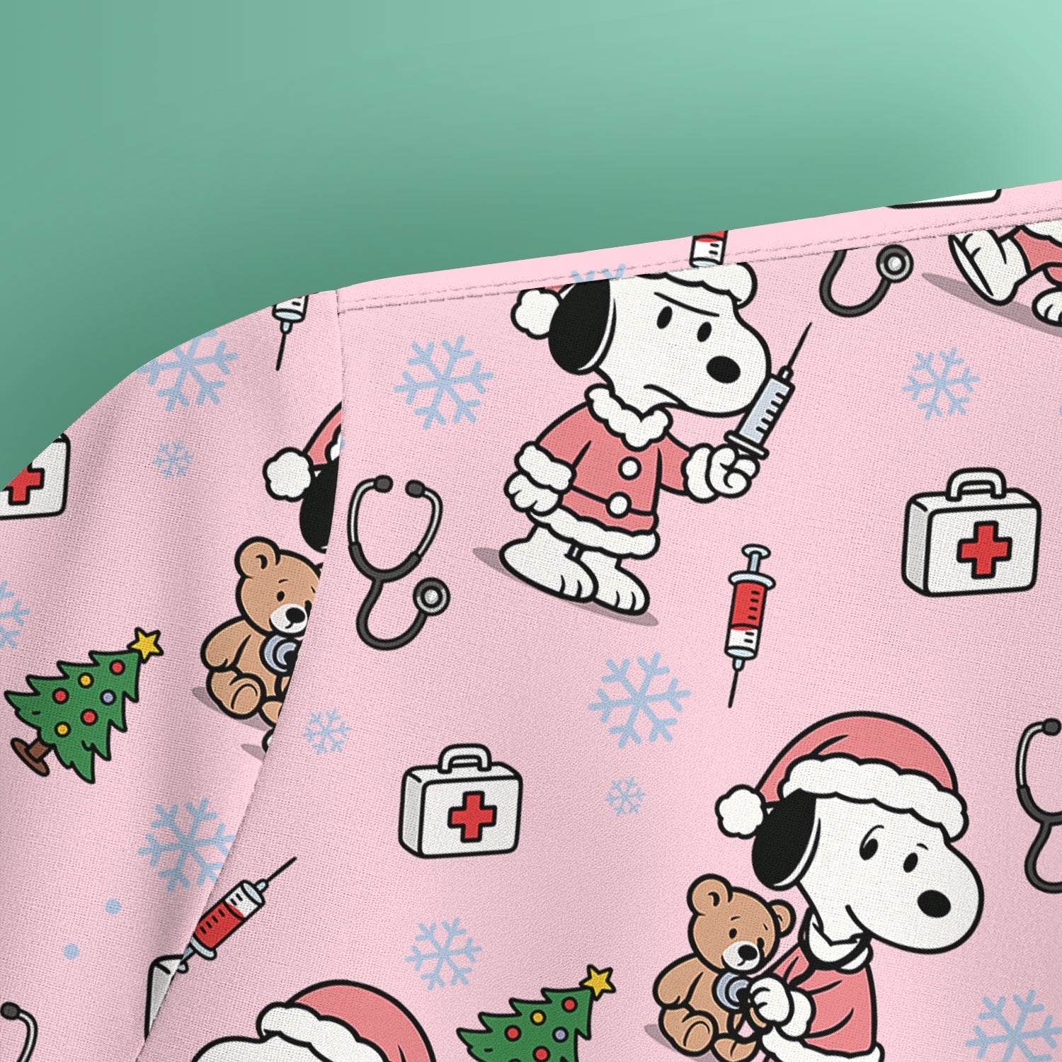 Snoopy Christmas Nurse Scrubs Top - Cute Pink Holiday Nursing Shirt - Funny Xmas Scrub Top for Women Nurses & Medical Workers