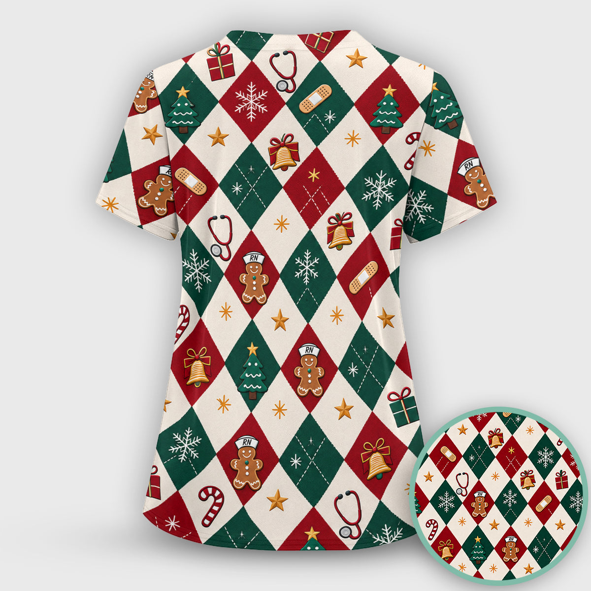Christmas Gingerbread Nurse Argyle Scrub Top, Comfortable Scrubs for Nurses