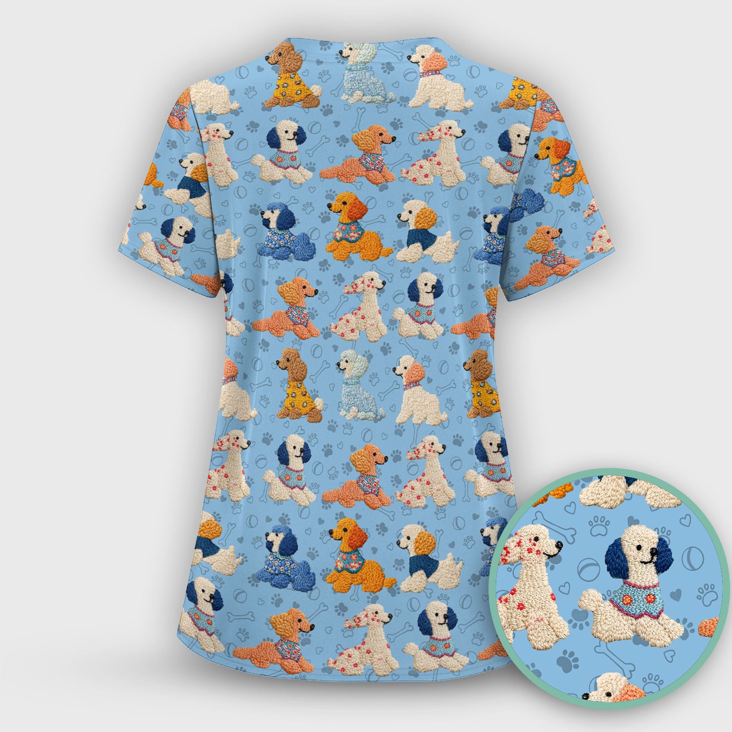 Cute Colorful Poodle Pattern Scrub Top, Comfortable Scrubs for Nurses