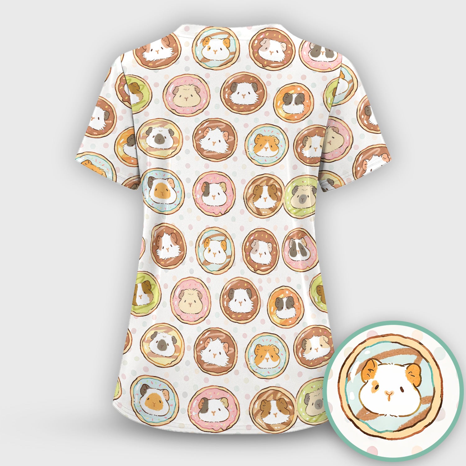 Cute Guinea Pig Donut Circle Pattern Scrub Set, Scrub Pants and V Neck Top