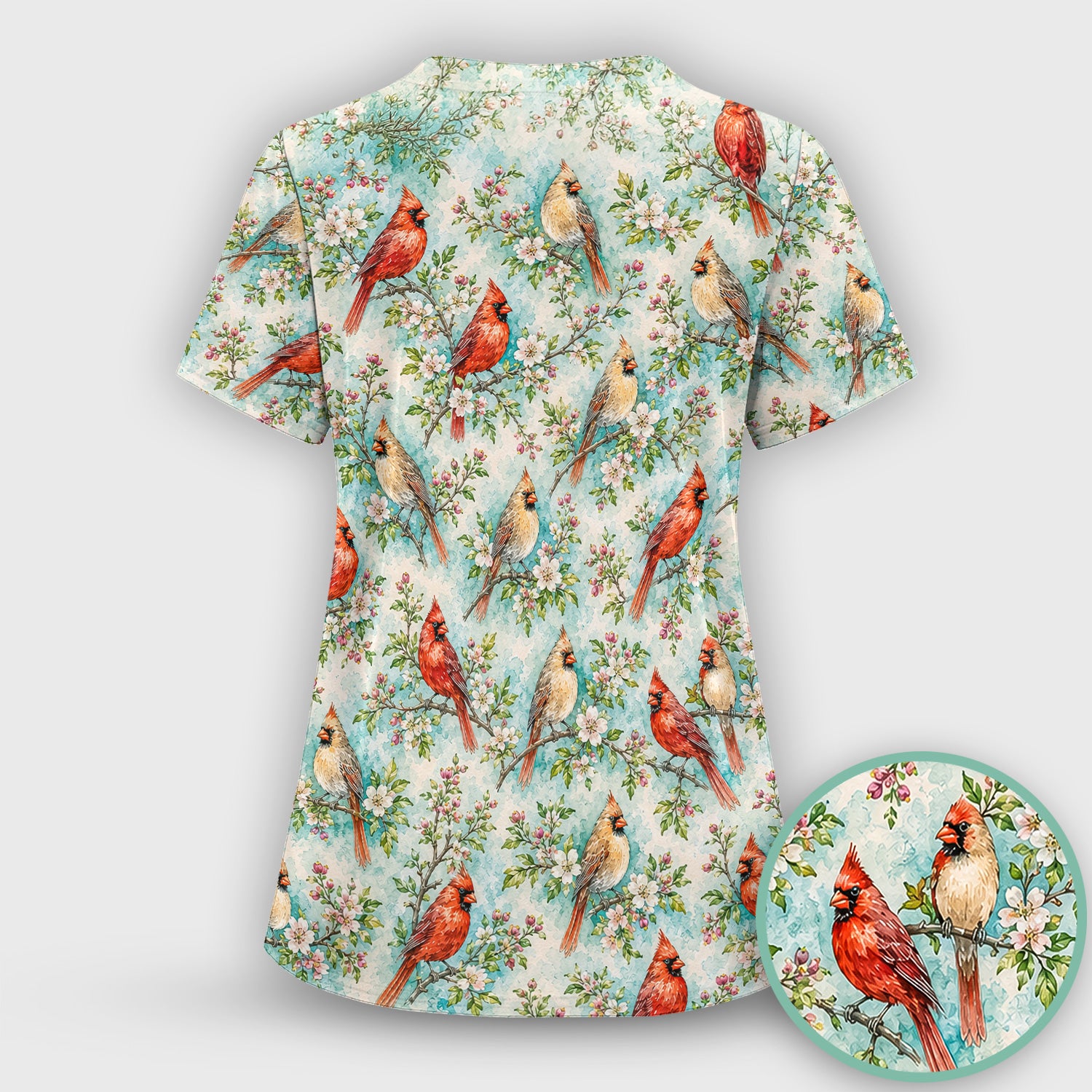 Cardinal Blossom Branch Pattern Scrub Set, Scrub Pants and V Neck Top
