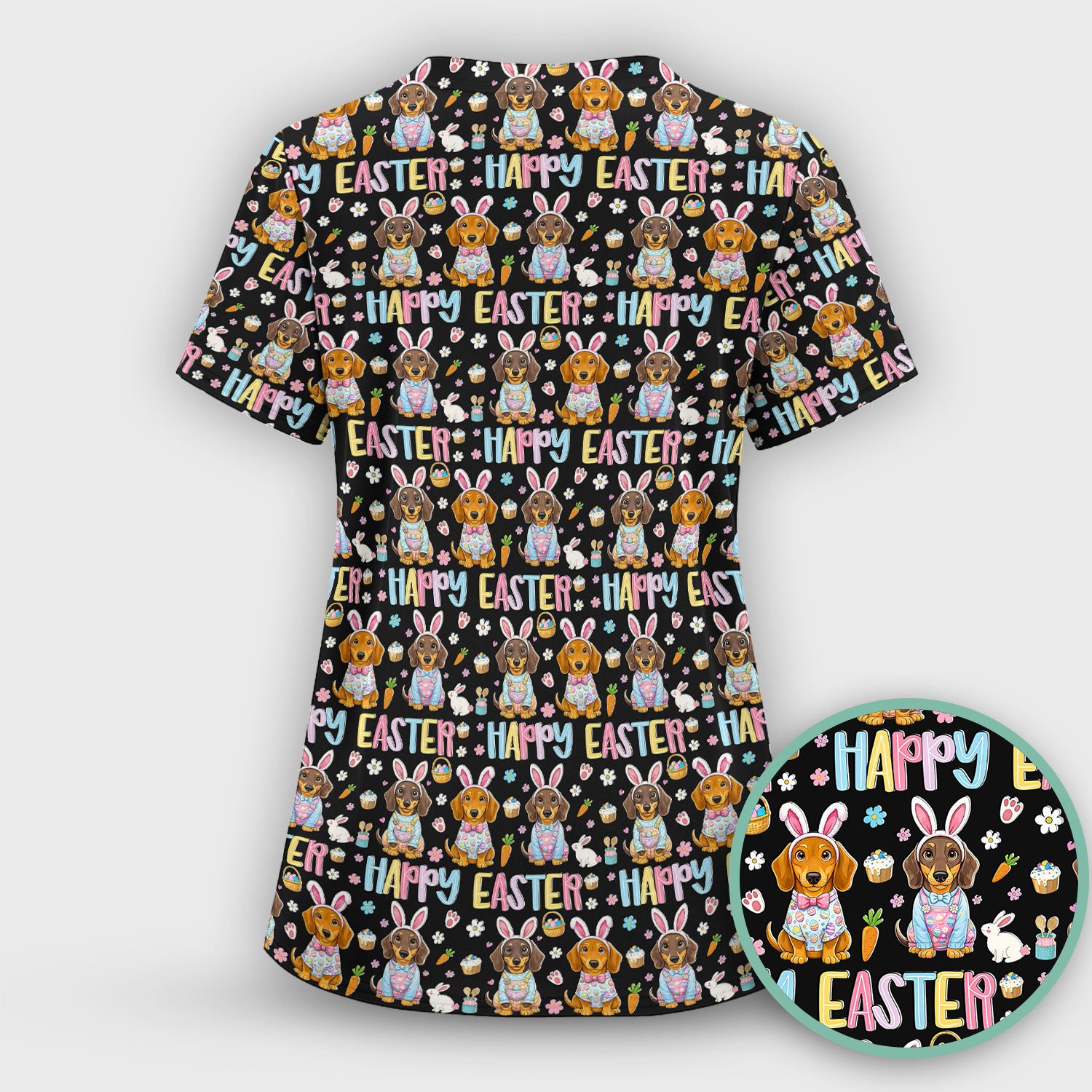 Happy Easter Dachshund Bunny Print Scrub Top, Comfortable Scrubs for Nurses