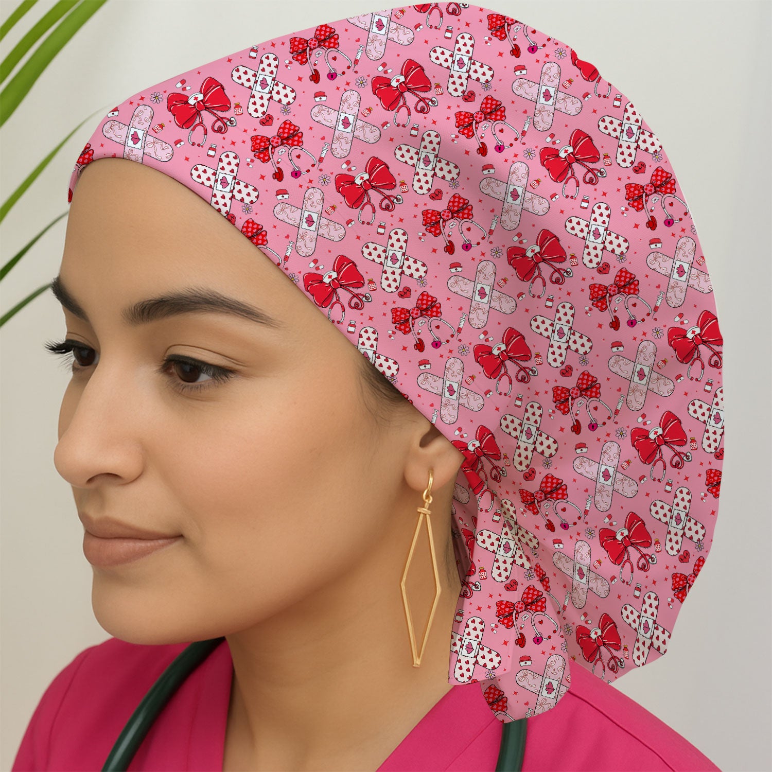 Valentine Nurse Scrub Cap, Red Bow And Heart Bandage Pattern Medical Hat, Breathable Fabrics Nursing Uniform