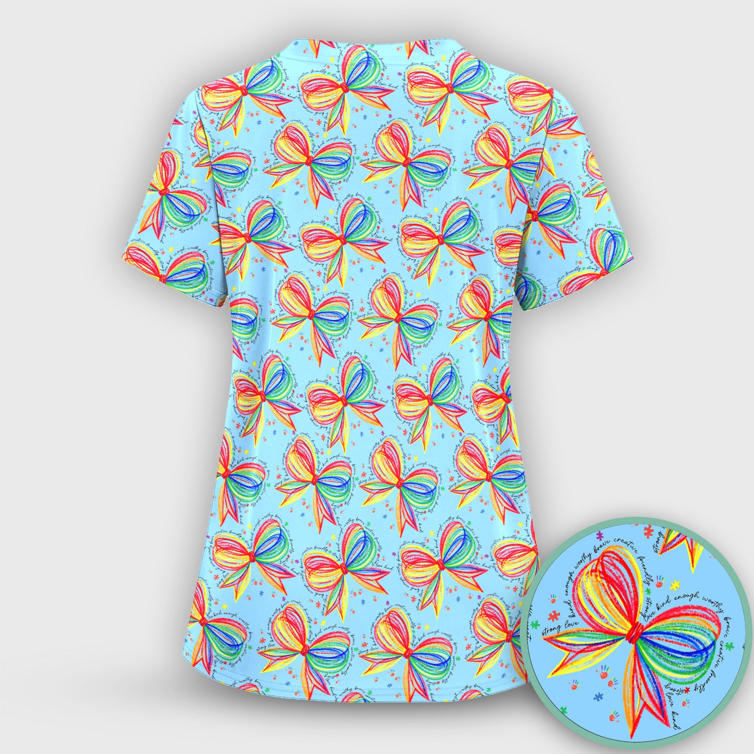 Colorful Rainbow Bow Pattern Scrub Top, Comfortable Scrubs for Nurses
