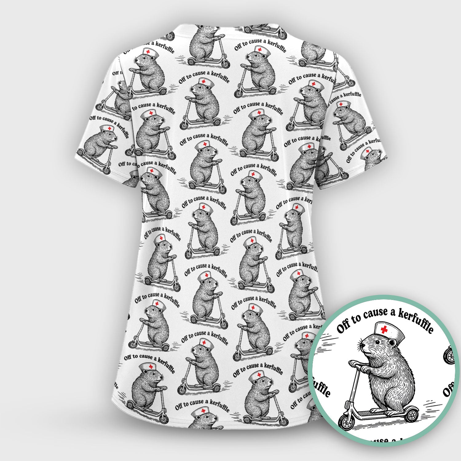 Funny Nurse Mouse Scooter Print Women's Scrub Set, Scrub Pants and V Neck Top