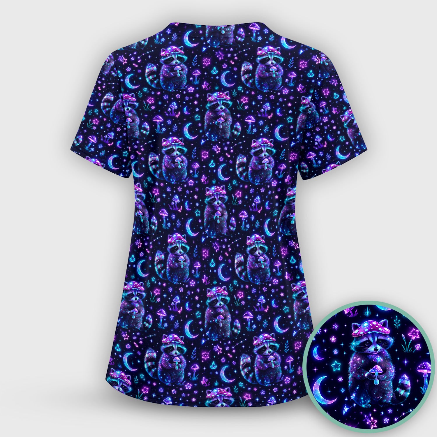 Neon Mushroom Raccoon Moonlight Pattern Scrub Top, Comfortable Scrubs for Nurses