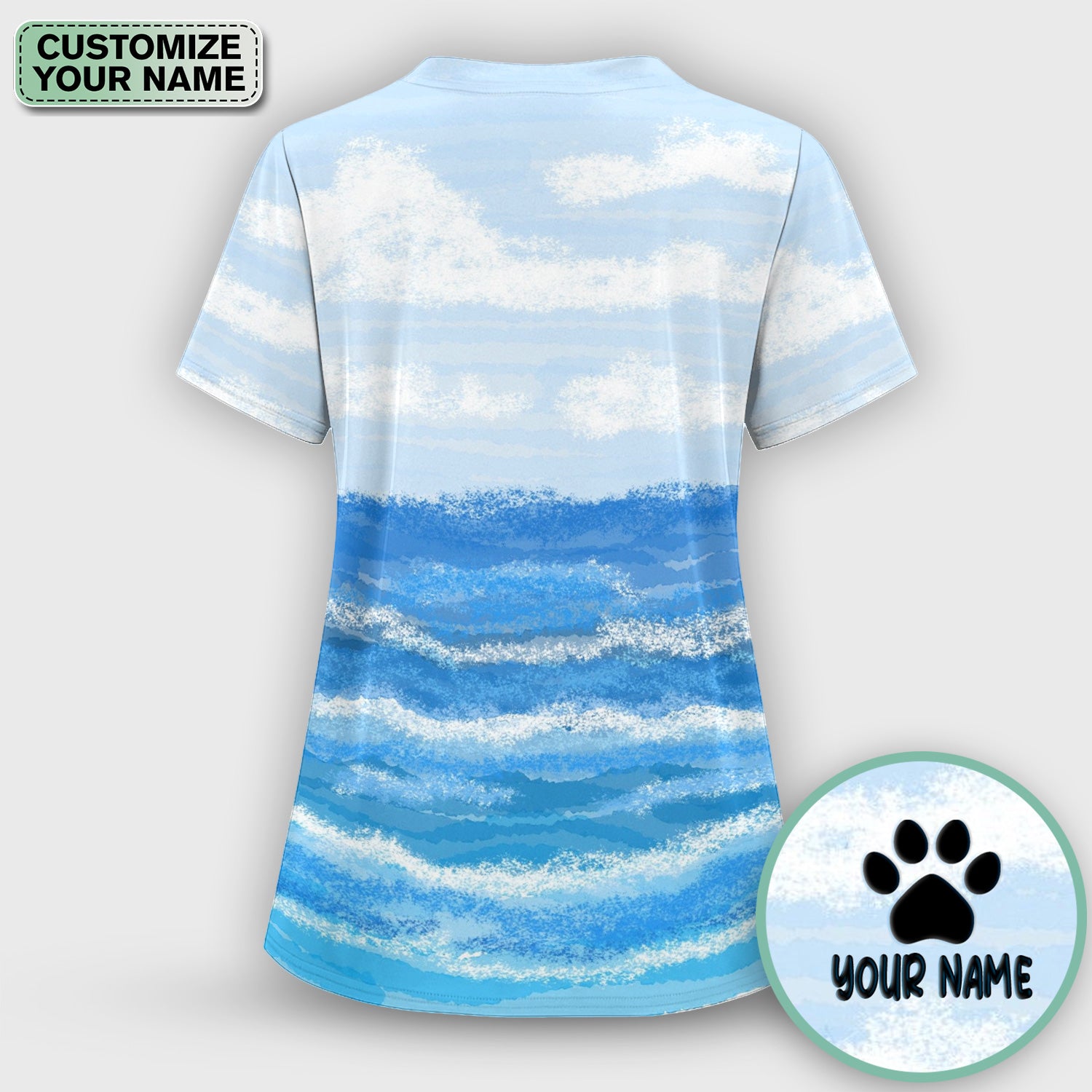 Personalized Cat Holding Fish Pattern Nurse Scrub Set, Scrub Pants and V Neck Top
