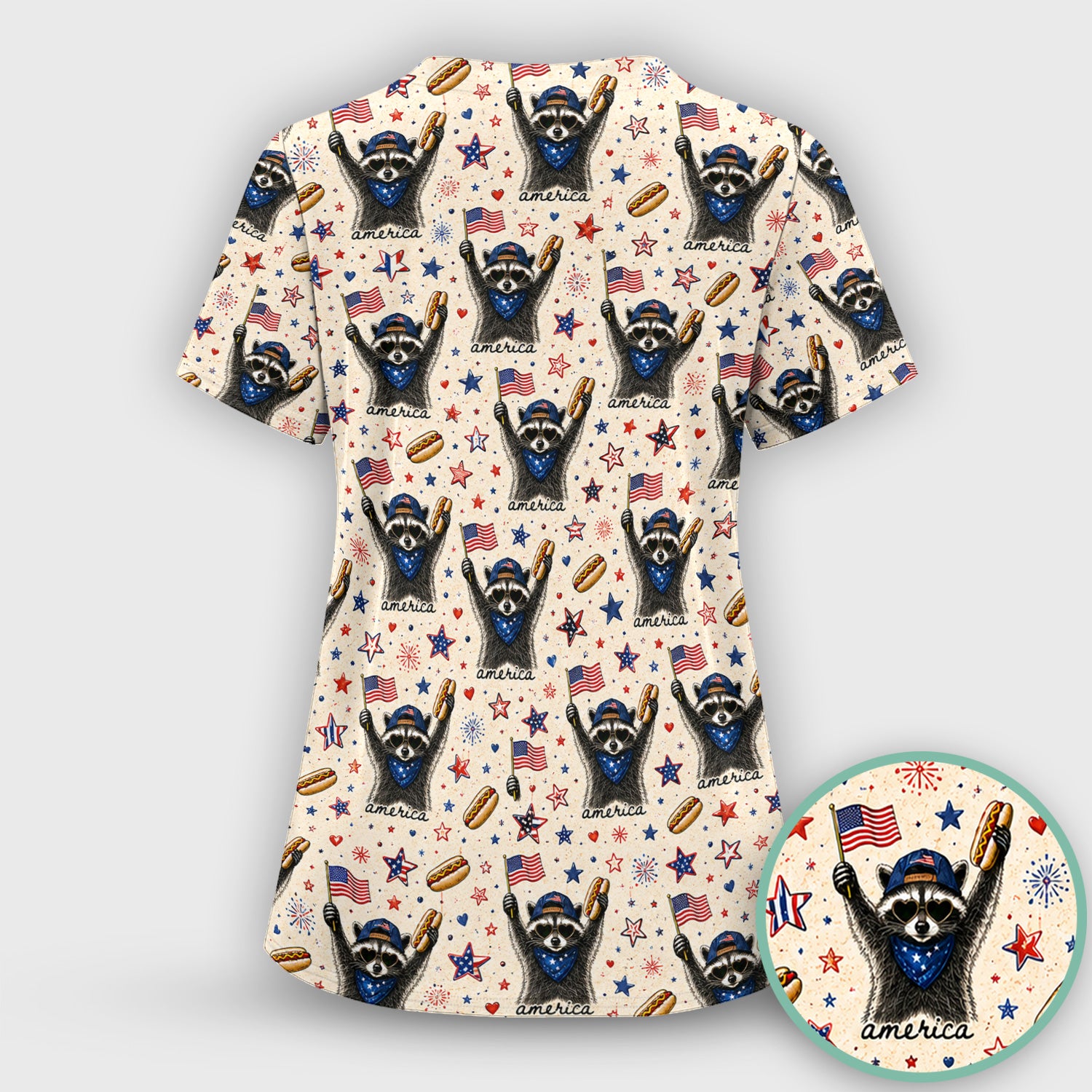 Patriotic Raccoon America Hotdog Pattern Scrub Top, Comfortable Scrubs for Nurses