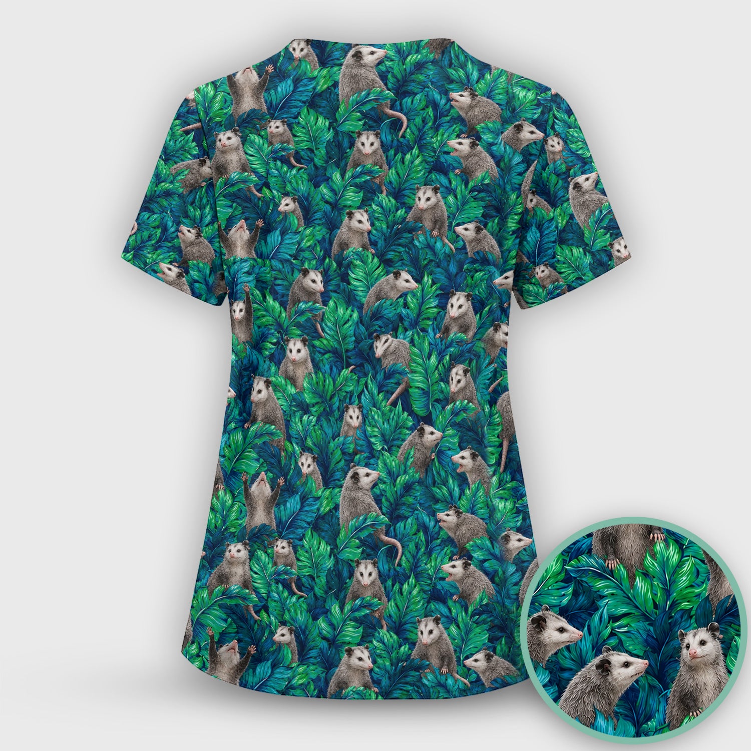 Tropical Opossum Jungle Leaves Pattern Scrub Set, Scrub Pants and V Neck Top