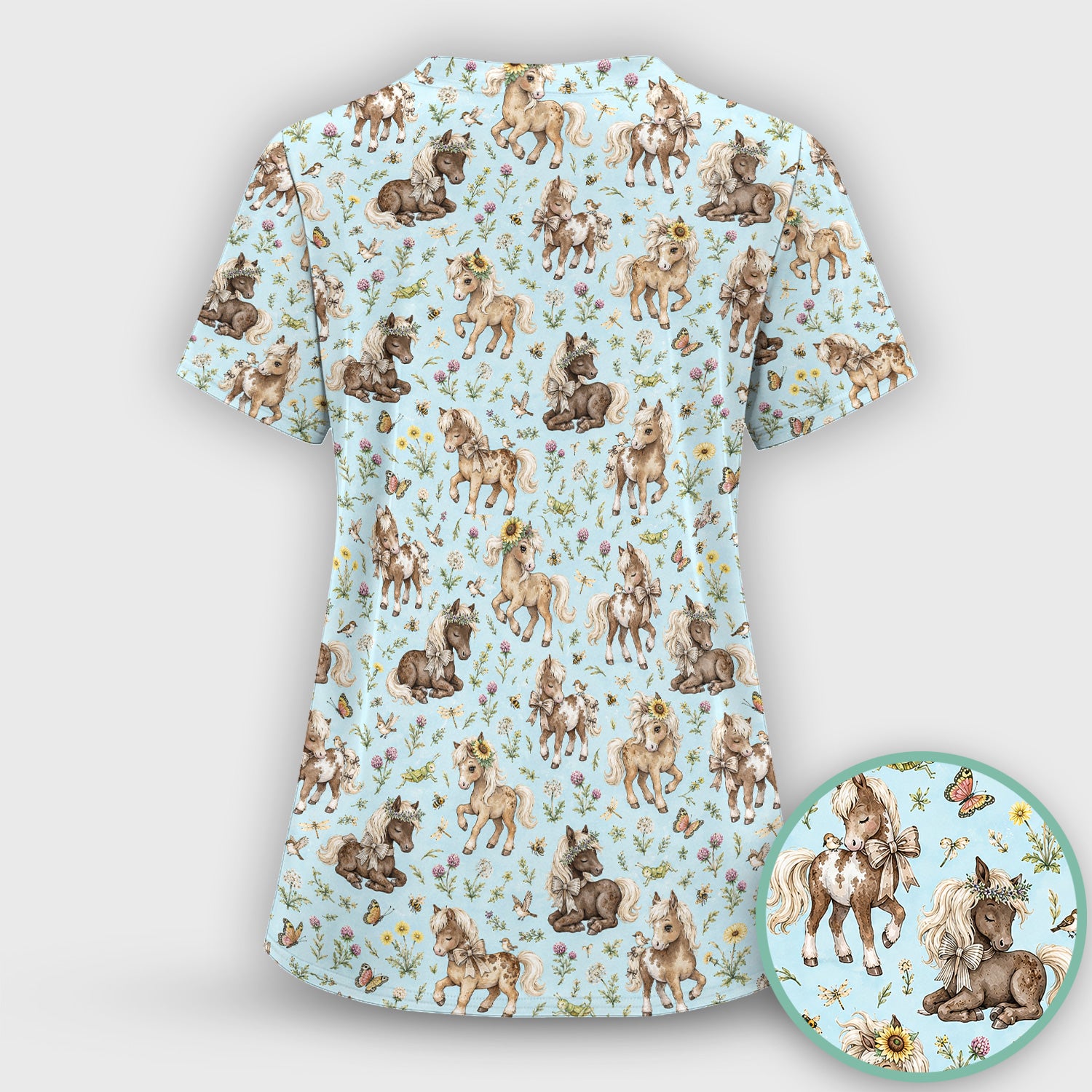 Cute Pony Garden with Butterfly Floral Meadow Print Scrub Top, Comfortable Scrubs for Nurses
