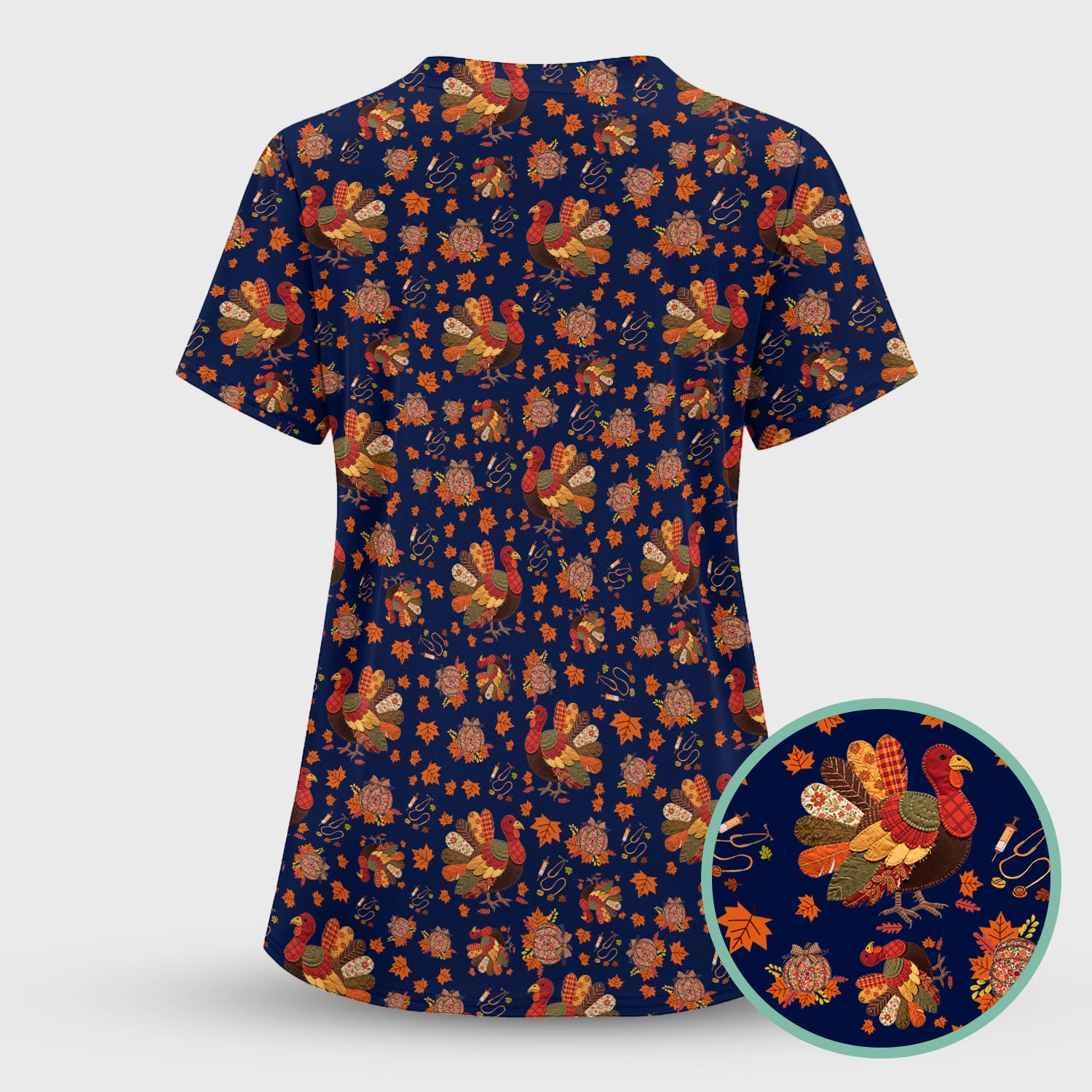 Thanksgiving Turkey Nurse Scrub Top for Women - Fall Leaves Pattern Shirts - Autumn Nursing Uniform Gift for RN LPN CNA
