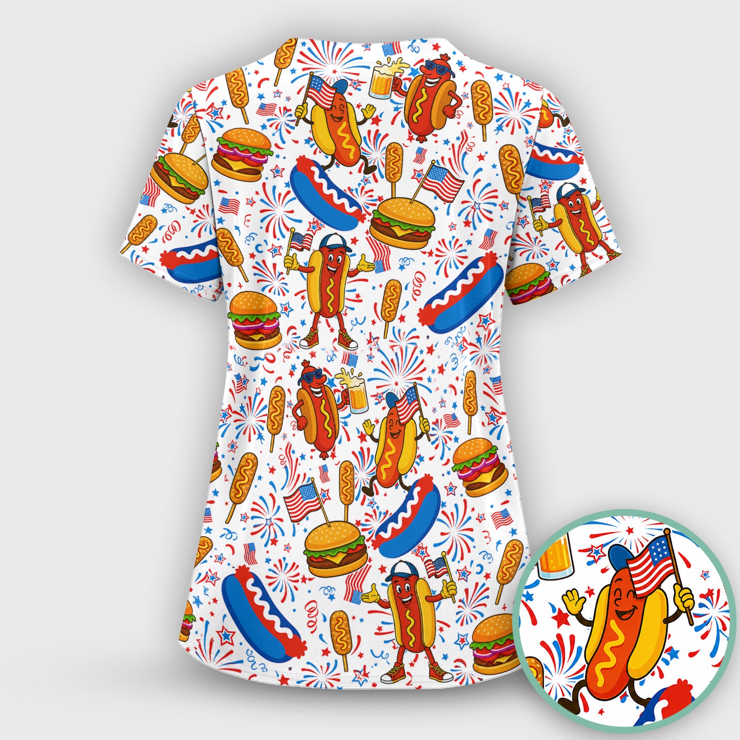 Patriotic Hot Dog Burger Fireworks Scrub Top, Comfortable Scrubs for Nurses