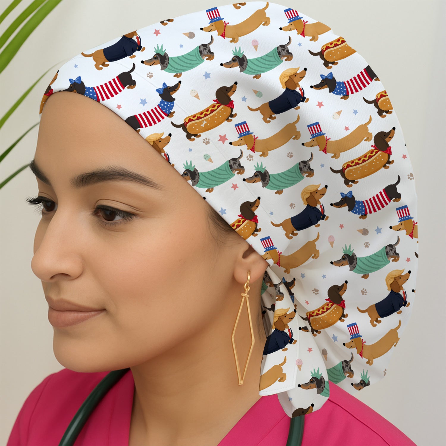 Funny Patriotic Dachshund Costume Dogs Pattern Cap, Bouffant Scrub Caps for Women