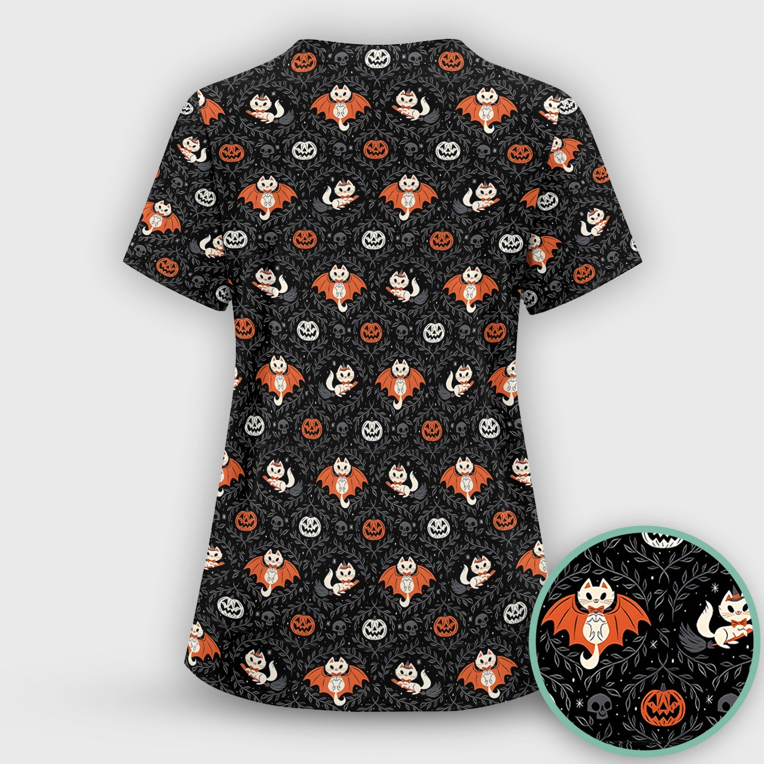 Cute Halloween Vampire Cat Pattern Scrub Top, Comfortable Scrubs for Nurses