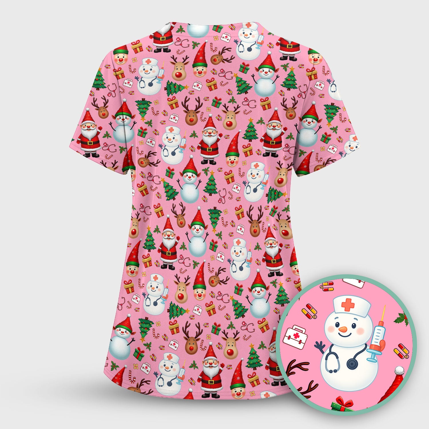 Christmas Nurse Scrub Top - Cute Snowman Santa Reindeer Pattern Medical Shirt - Festive Holiday Scrubs for Women RN CNA LPN