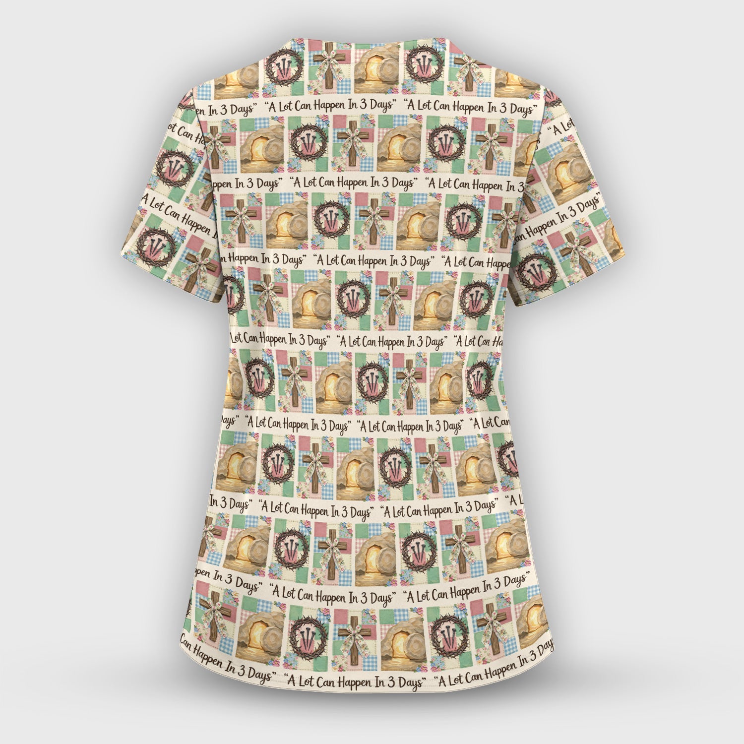 Christian Easter Cross Print Scrub Top, Breathable Fabrics Nursing Uniform