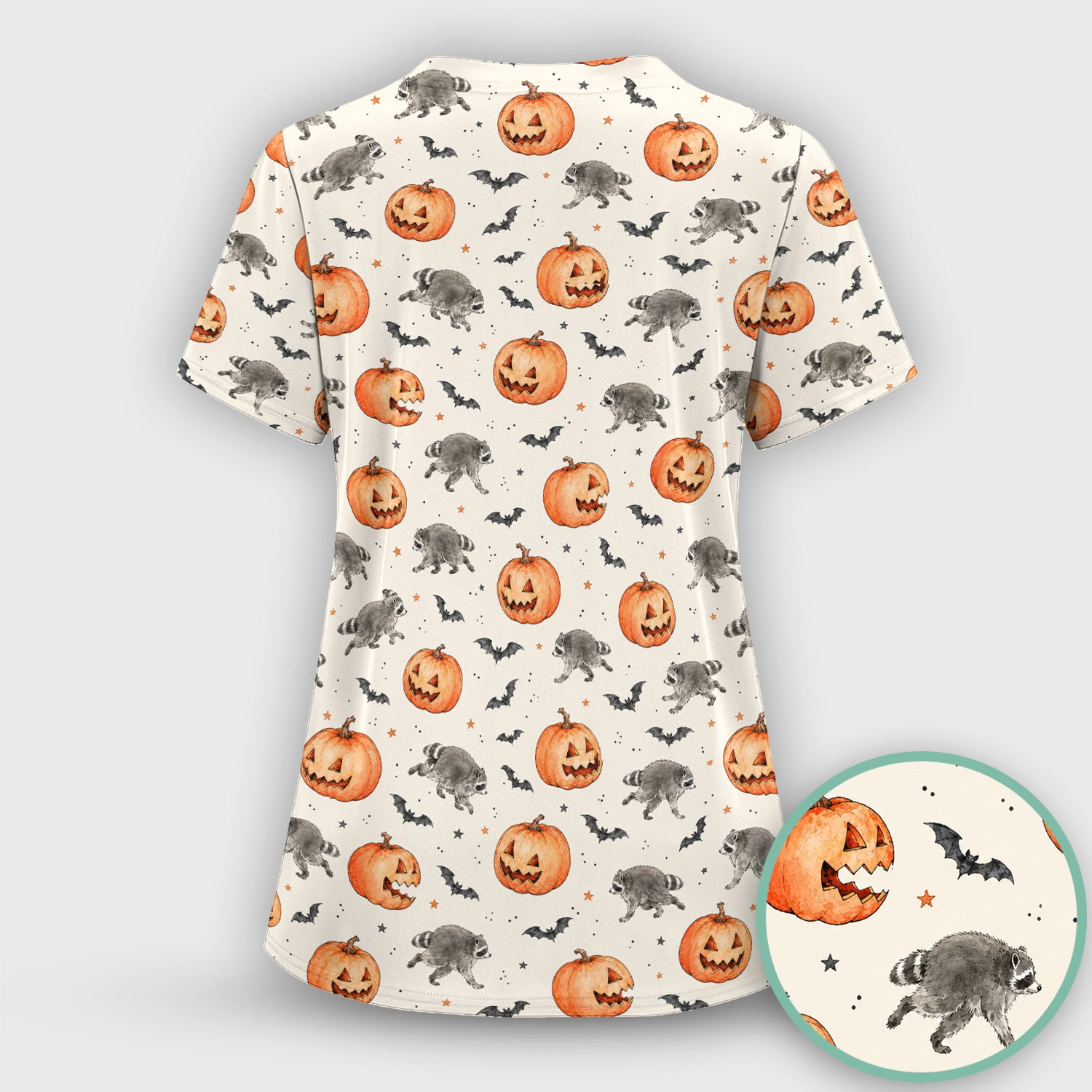Spooky Halloween Raccoon And Pumpkin Scrub Set, Scrub Pants and V Neck Top