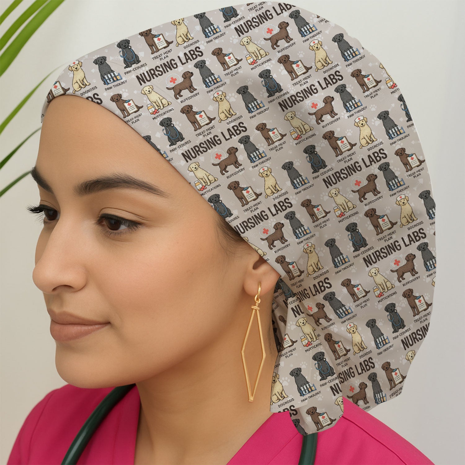Playful Nursing Labs Dog Pattern Cap, Bouffant Scrub Caps for Women